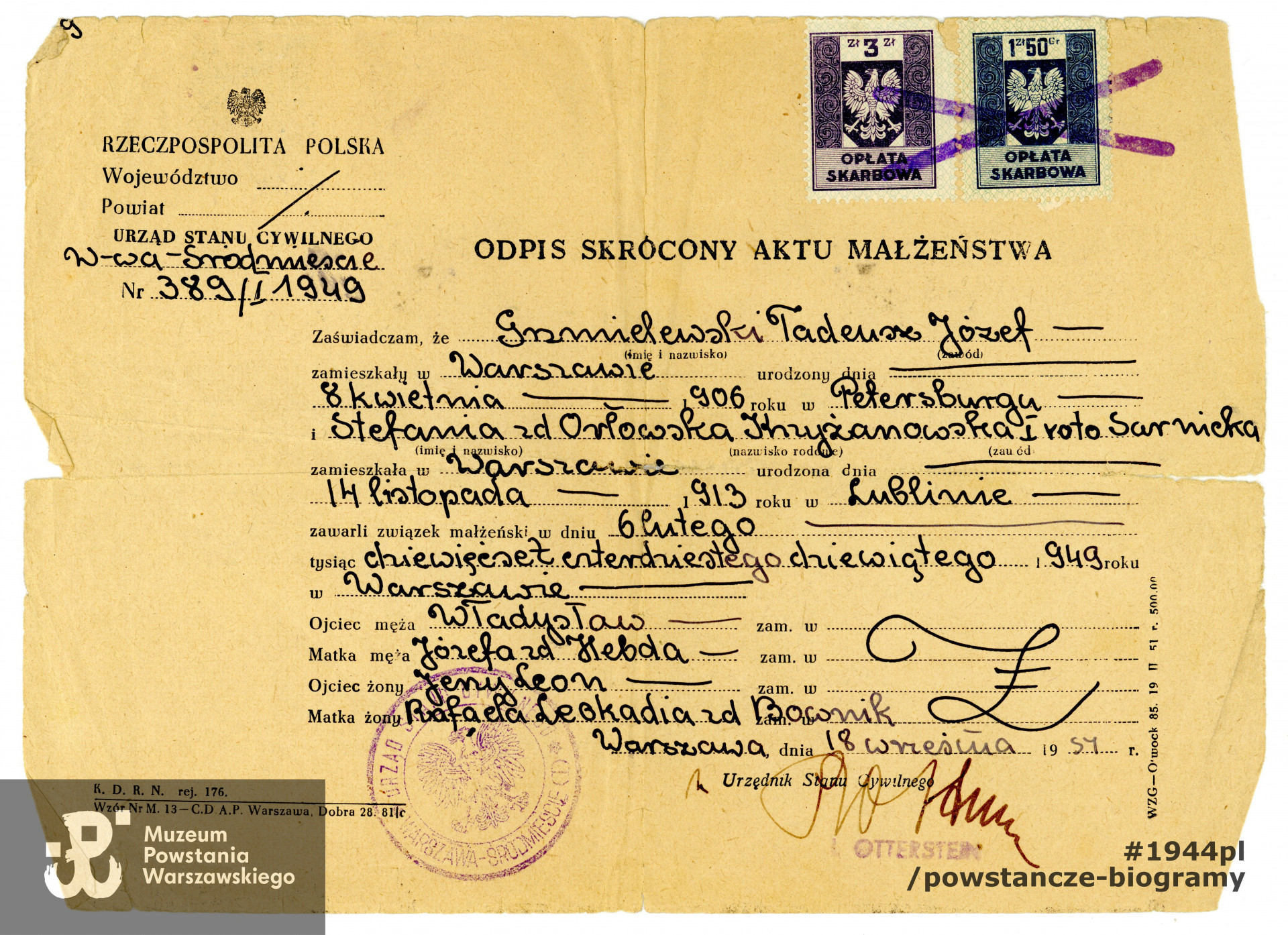 Odpis skrócony aktu malżeństwa - 1949 rok. Dokument ze zbiorów rodzinnych p. Aleksandry Gaworskiej, córki mjr. Tadeusza Grzmielewskiego. Skany wykonano w Muzeum Powstania Warszawskiego we wrześniu 2021 r. 