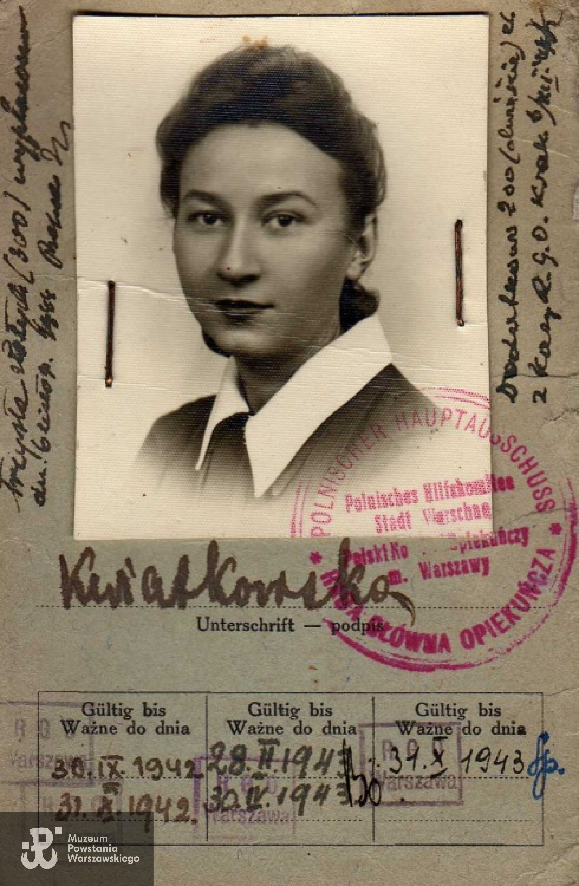 Ausweis Ireny Kwiatkowskiej wystawiony przez Radę Główną Opiekuńczą w 1942 r.