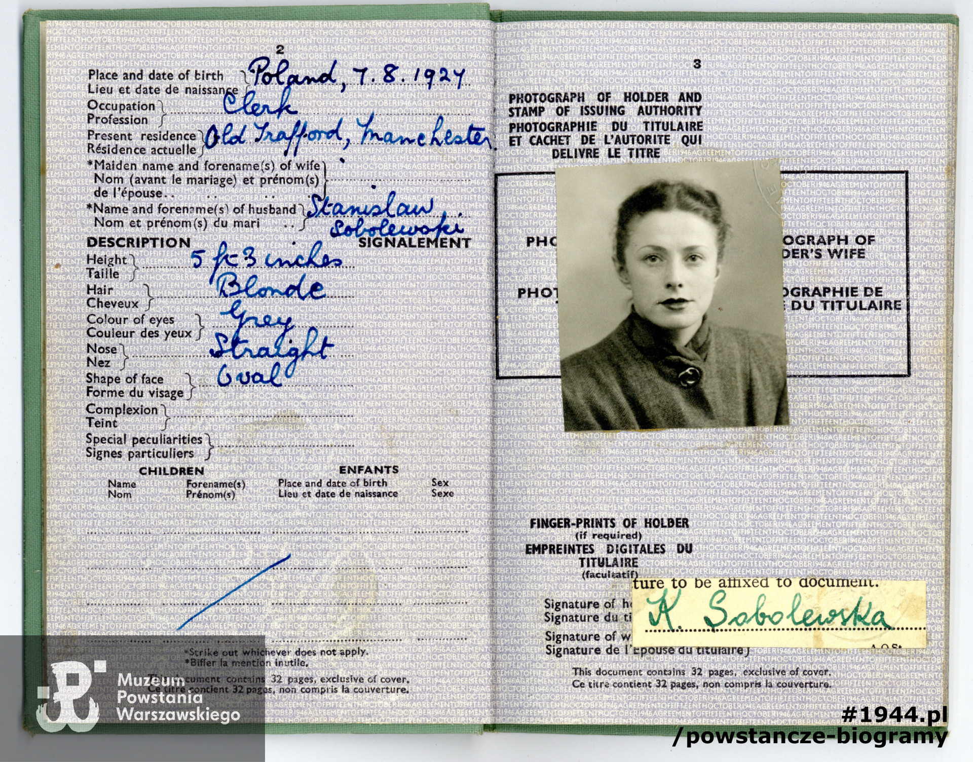 Dokumenty Krystyny Sobolewskiej z d. Litwińskiej - 1946 rok. Z archiwum rodzinnego, obecnie w zbiorach Muzeum Powstania Warszawskiego, dar  Joe Sobolewskiego.