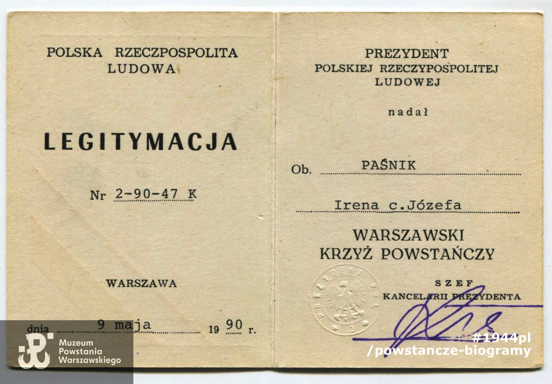 Warszawski Krzyż Powstańczy. Legitymacja odznaczeniowa ze zbiorów p. Ireny Paśnik z domu Szyperskiej, skan: materiały do Słownika Uczestników PW/Pokój Kombatanta