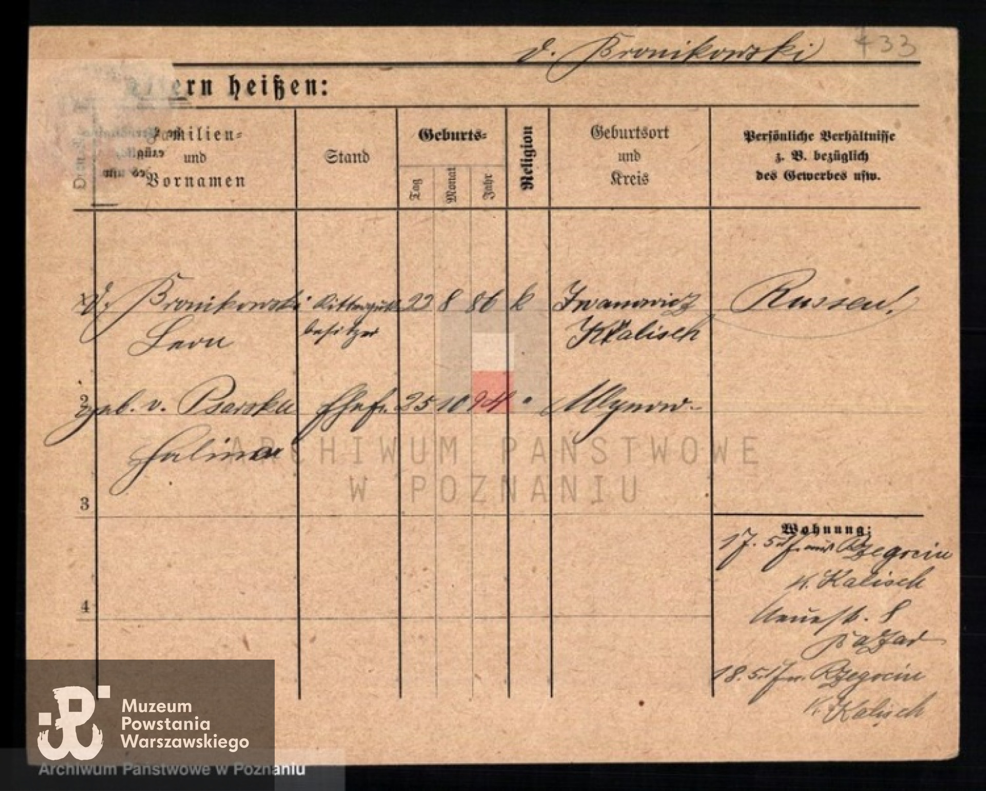 Karty meldunkowe rodziców Ireny Warzyckiej. Fot. z Archiwum Państwowego w Poznaniu.