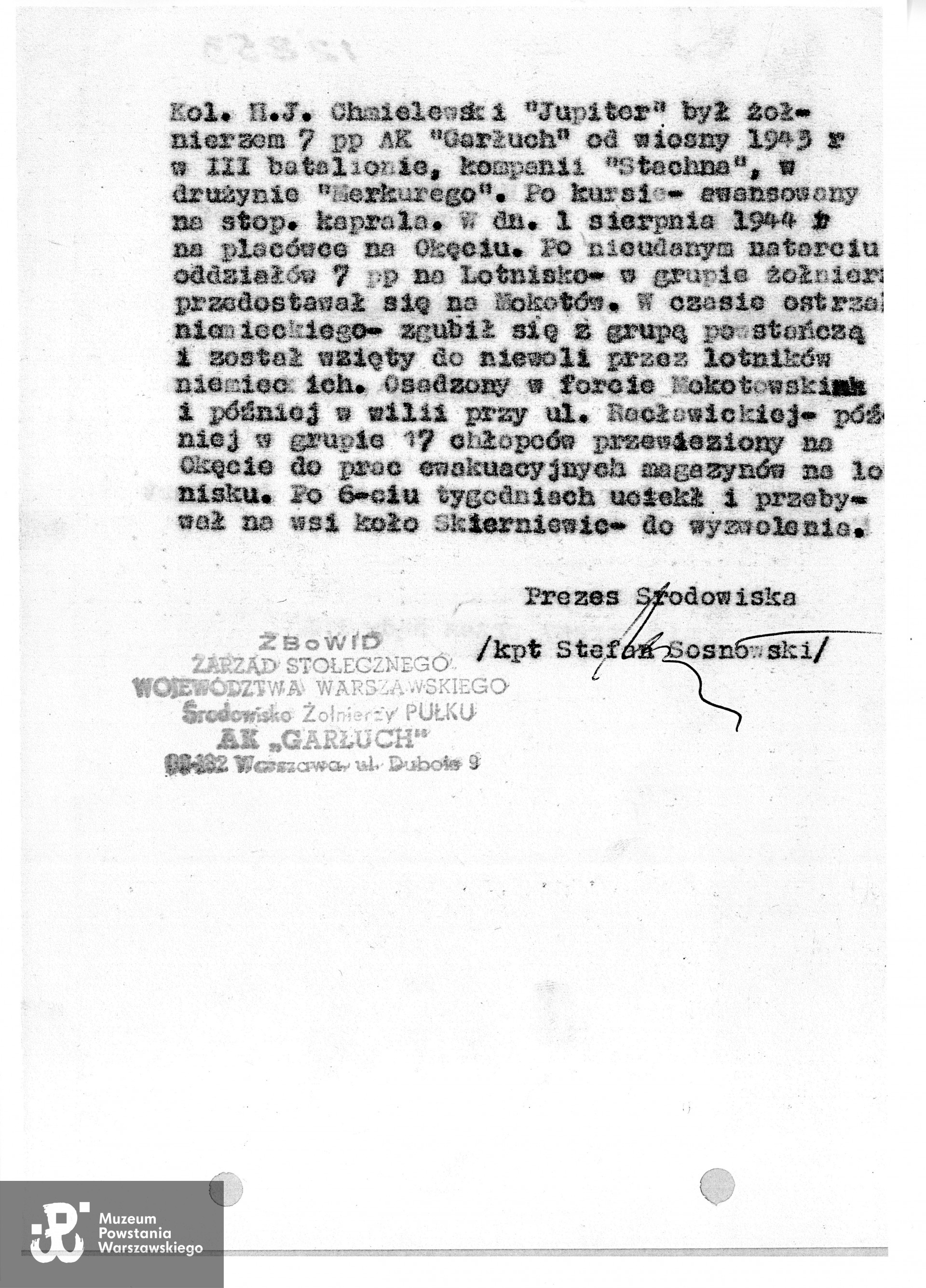 Źródło: Muzeum Powstania Warszawskiego, Teczki personalne uczestników Powstania Warszawskiego: Chmielewski Henryk Jerzy ps. Jupiter