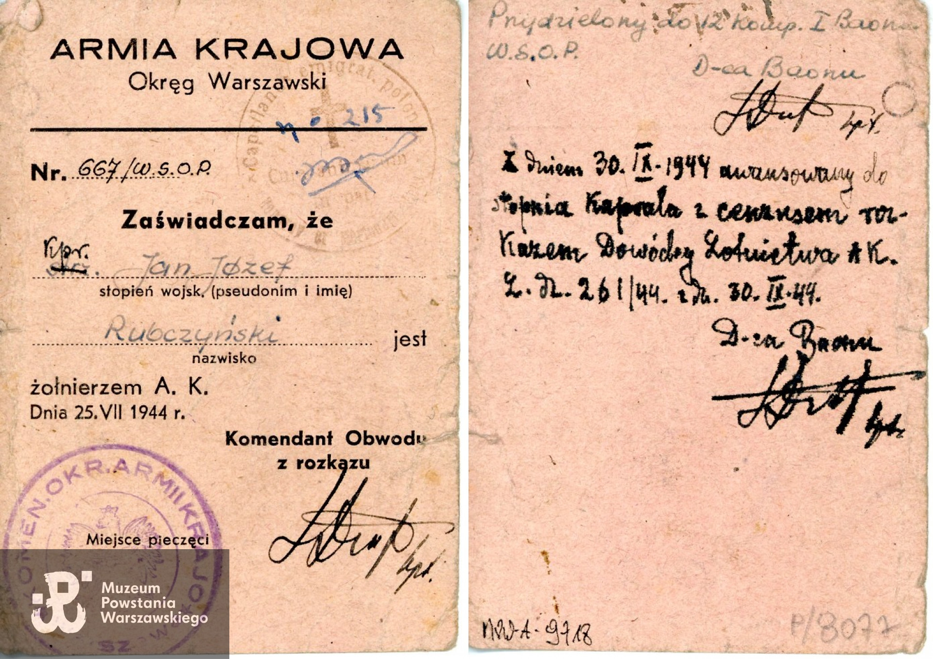 Legitymacja AK, należąca do Józefa Rubczyńskiego ps. "Jan". Zbiory Muzeum Powstania Warszawskiego; sygn. MPW-A-9718.