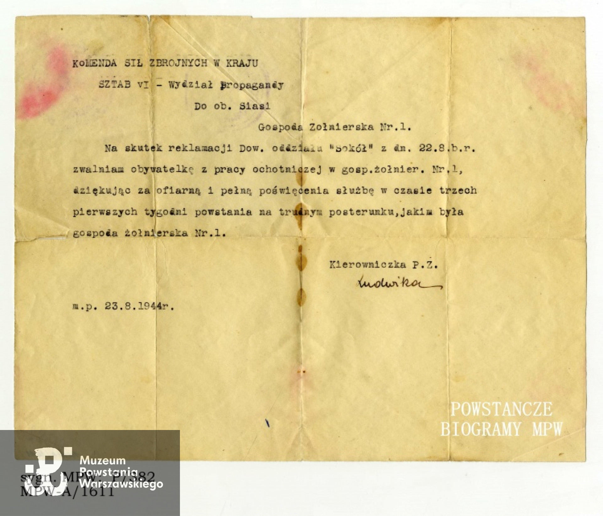 Dokument ze Sztabu VI (BIP) dostarczony do Stanisławy Marx "Siasi" za pośrednictwem Powstańczej Poczty Polowej, ze stemplem "Poczta Polowa - Warszawa Południe". Ze zbiorów Muzeum Powstania Warszawskiego,  dar Stanisławy Biłobran ps. "Siasia"