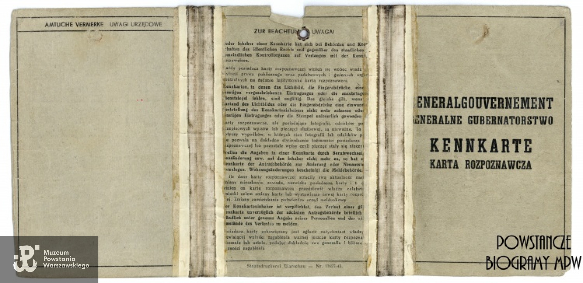 Okupacyjna kenkarta "Sława", dokument wystawiony na nazwisko "Jerzy Witold Einhorn". Ze zbiorów Muzeum Powstania Warszawskiego, sygn. P/7657