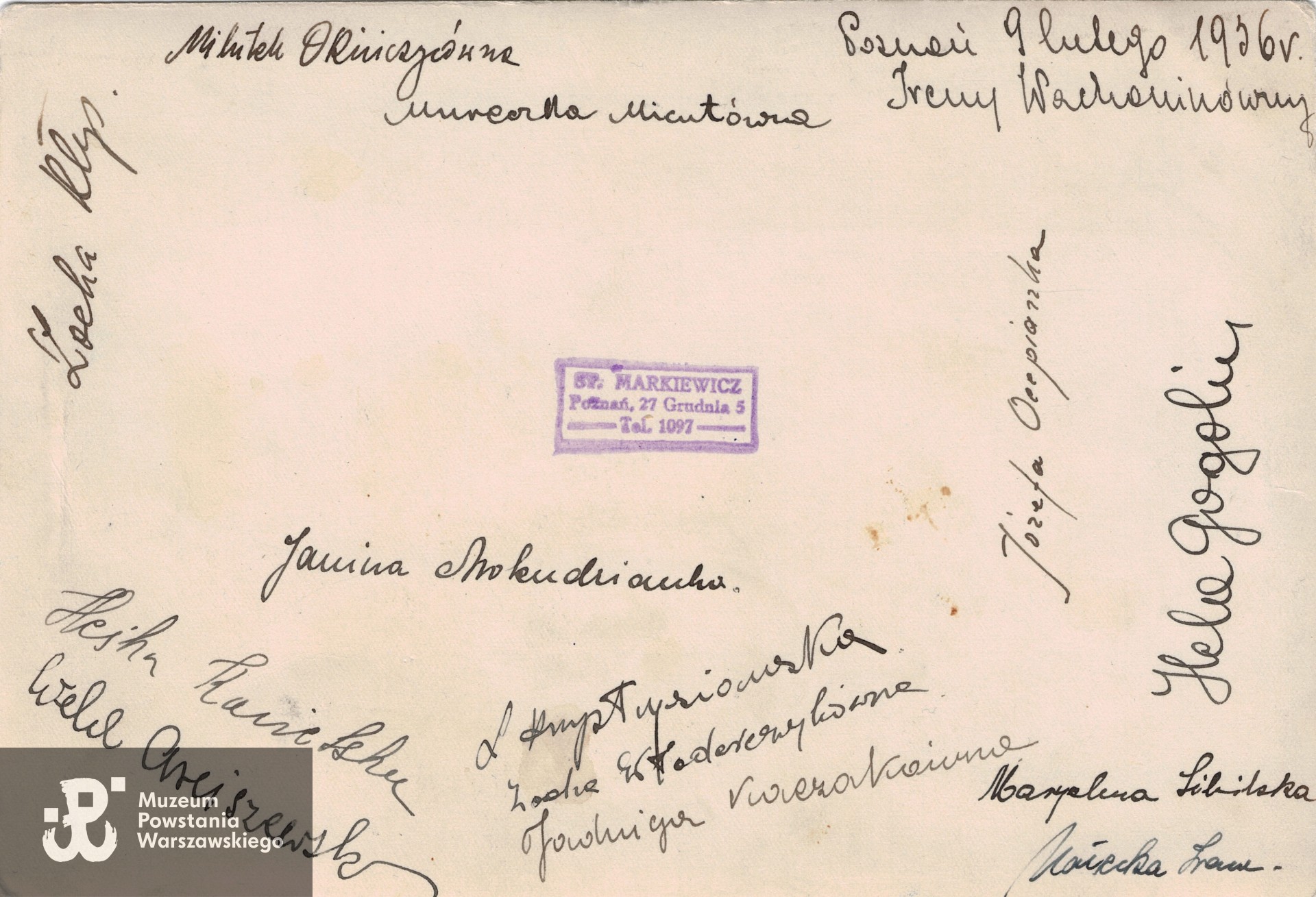 Szkoła Pięlęgniarek w Poznaniu, 1936 rok - rewers z podpisami. Fot. ze zbiorów rodzinnych, skan udostępnił p. Jan Szubski, wnuk Ireny Kubiak