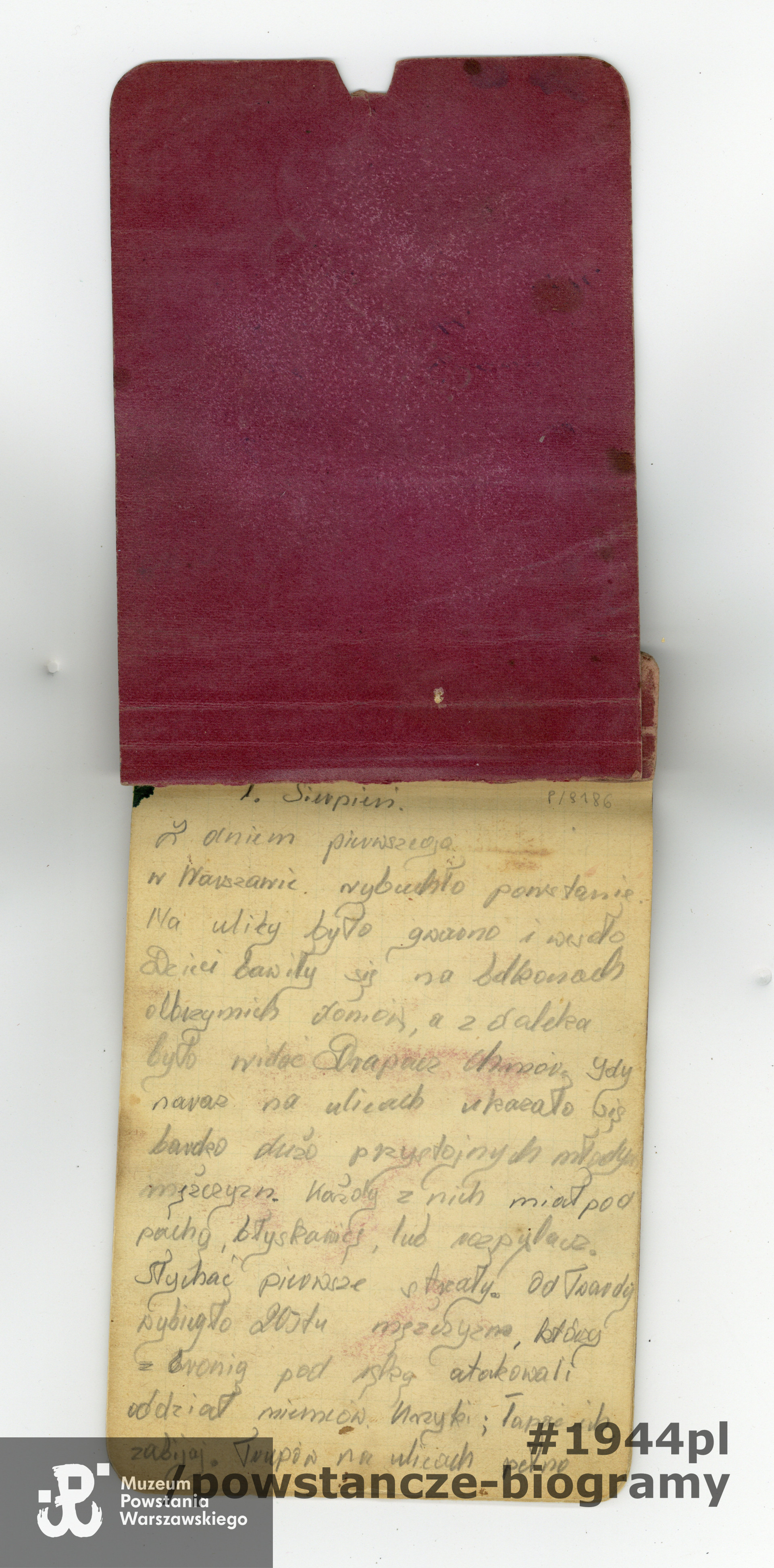 Pamiętnik zawierający wspomnienia Ireneusza Susłowa, uczestnika Powstania Warszawskiego, z okresu 01.08.1944-19.01.1945. Ireneusz Susłow był bratem Ofiarodawczyni, p. Alicji Marii Szeląg. Ze zbiorów Muzeum Powstania Warszawskiego, sygn. P/9186/19