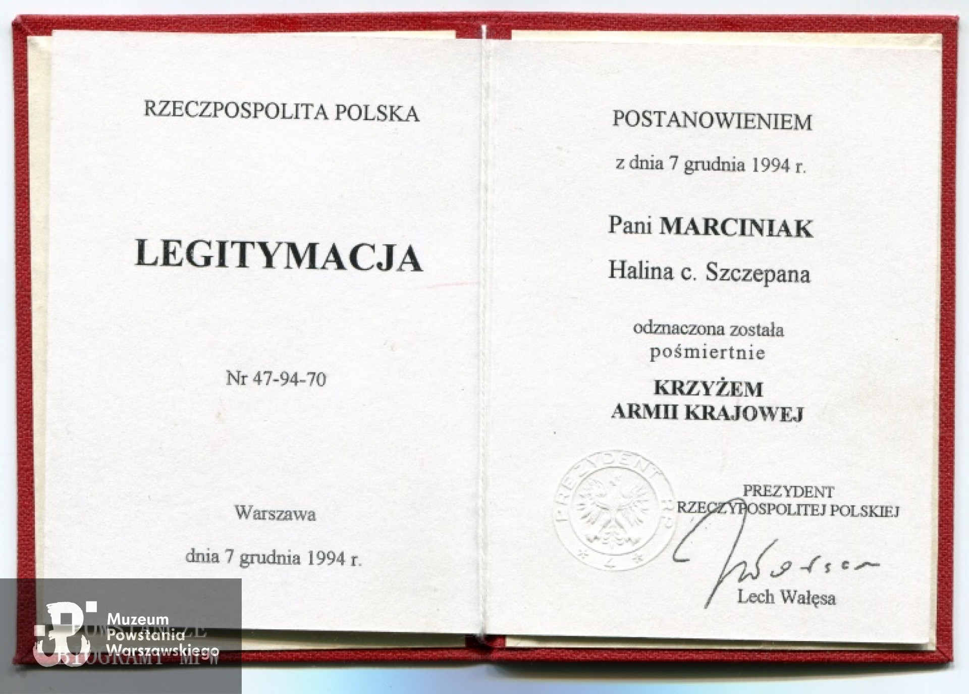 Legitymacja odznaczeniowa - Krzyż Armii Krajowej. Fot. archiwum rodzinne