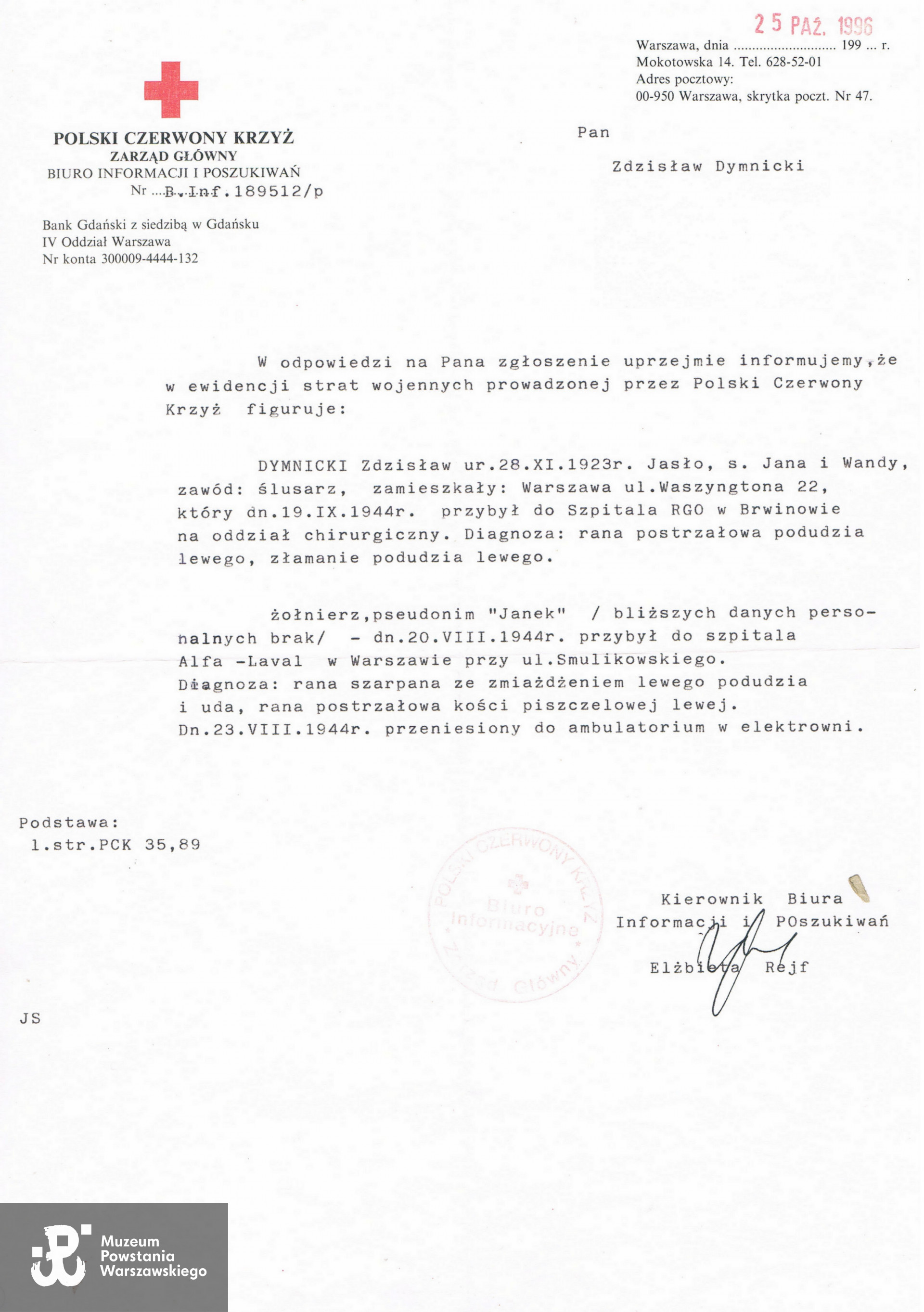 Wyciąg z dokumentów PCK. Skan: materiały do Słownika Uczestników PW nadesłane przez p. Bogodara Bonczara, wnuka Powstańca