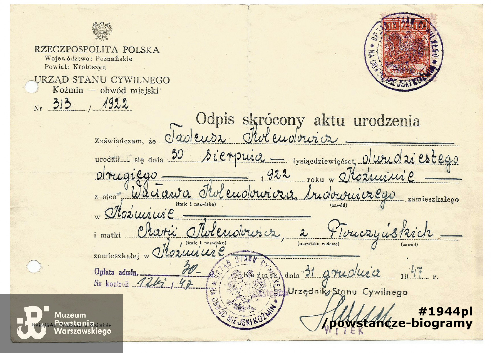 Odpis skrócony aktu urodzenia, dokument wystawiony przez USC Koźmin, powiat Krotoszyn. Ze zbiorów rodzinnych p. Ewy Kolendowicz