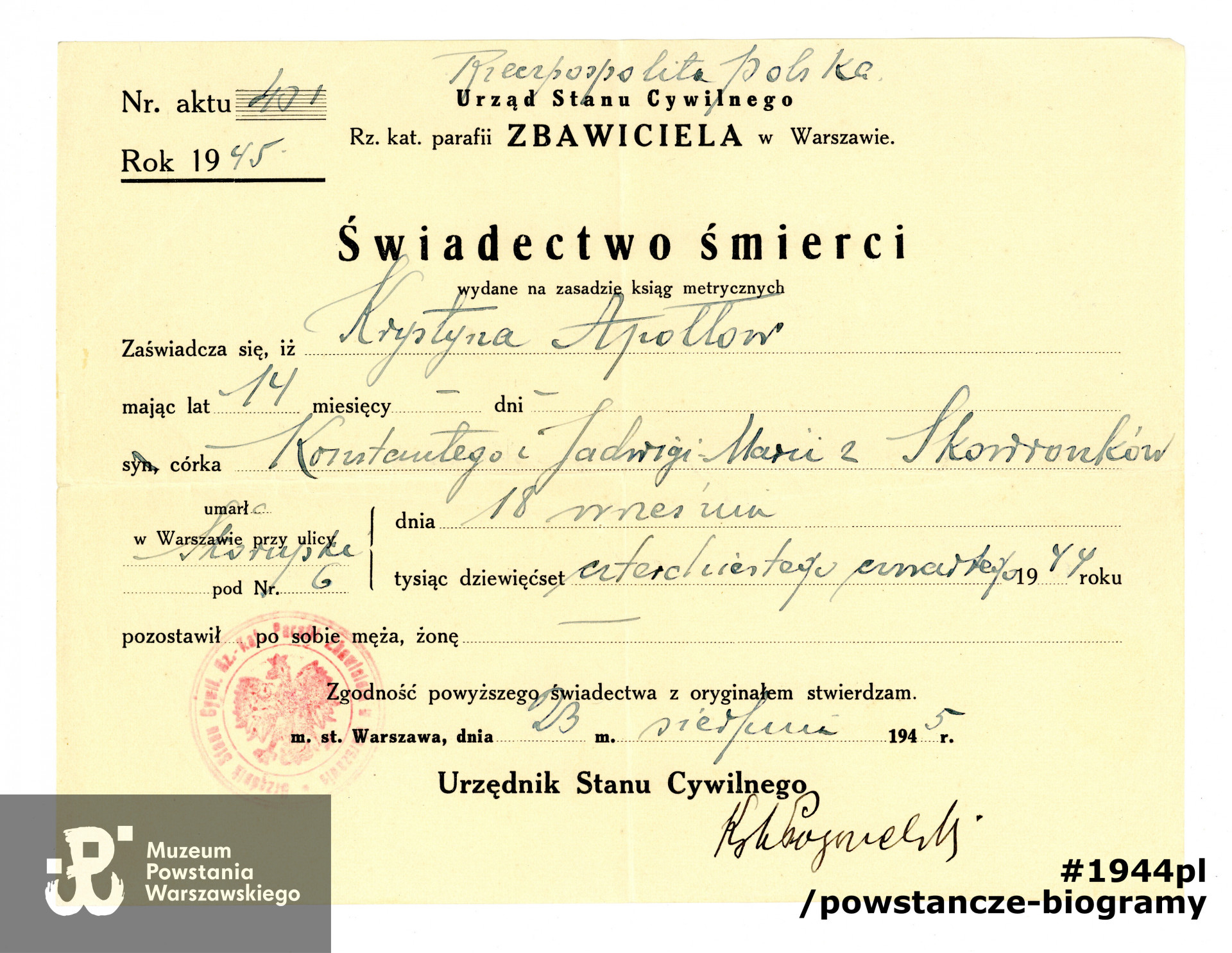 Świadectwo śmierci Krsytyny. Ze zbiorów rodzinnych p. Krystyny Krawieckiej