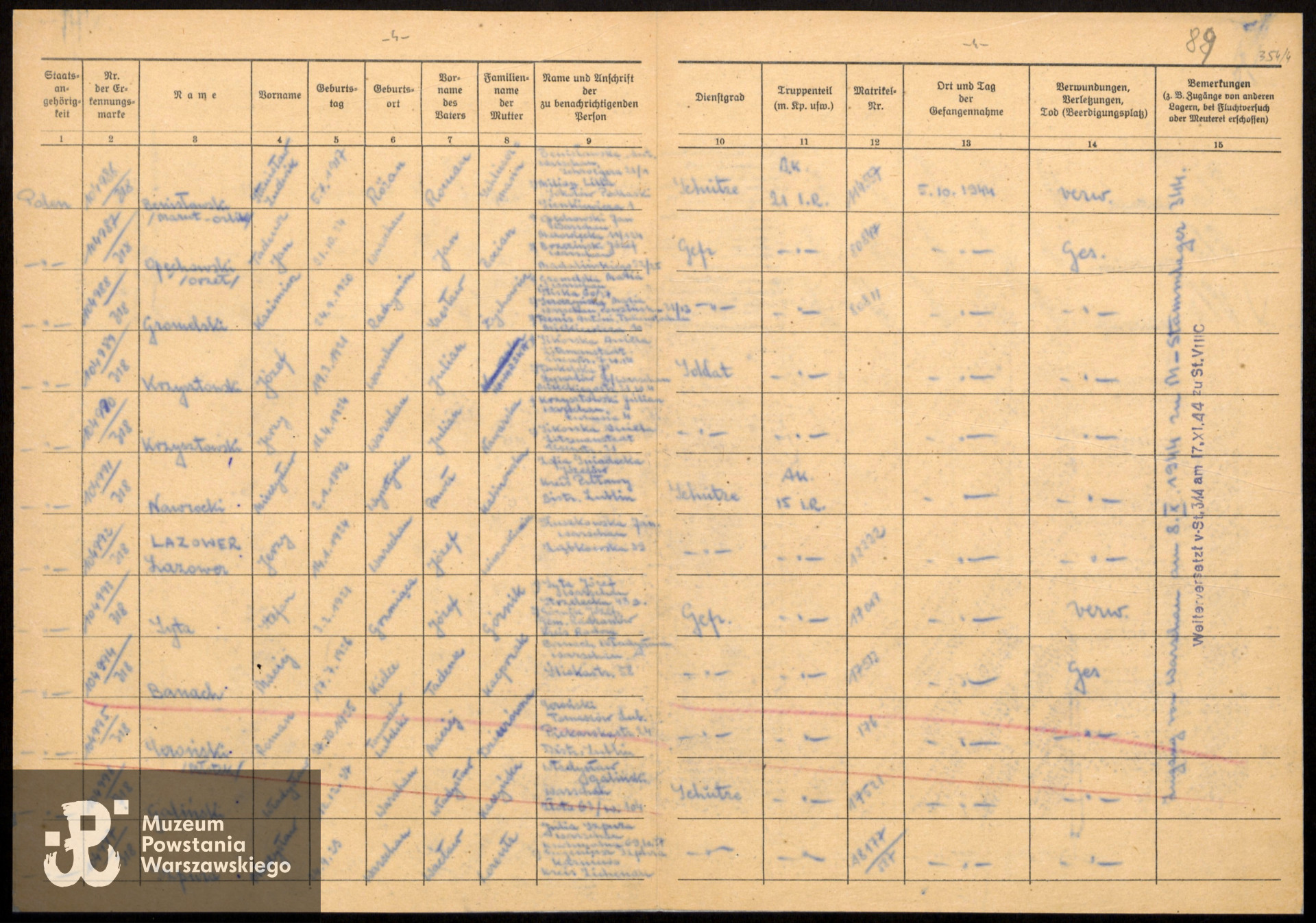 Lista transportowa Powstańców Warszawskich, skan udostępniła p. Anna Galińska