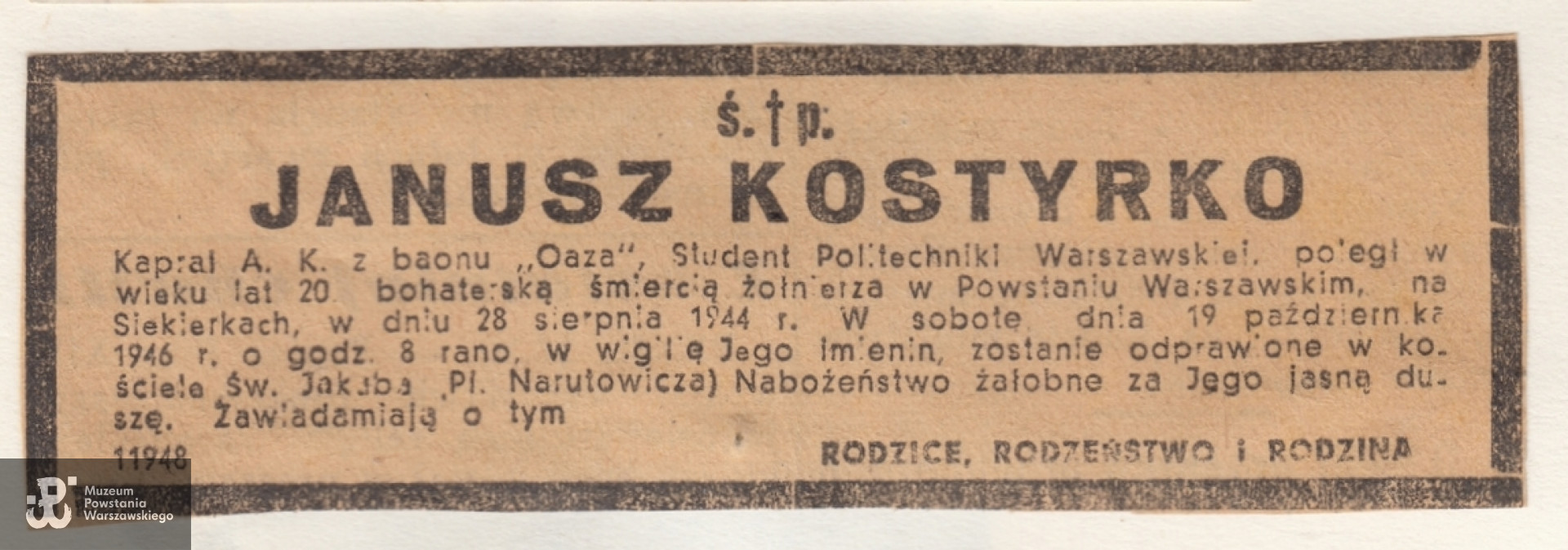Nekrolog prasowy  (1946). Archiwum rodzinne Andrzeja i Piotra Milewskich