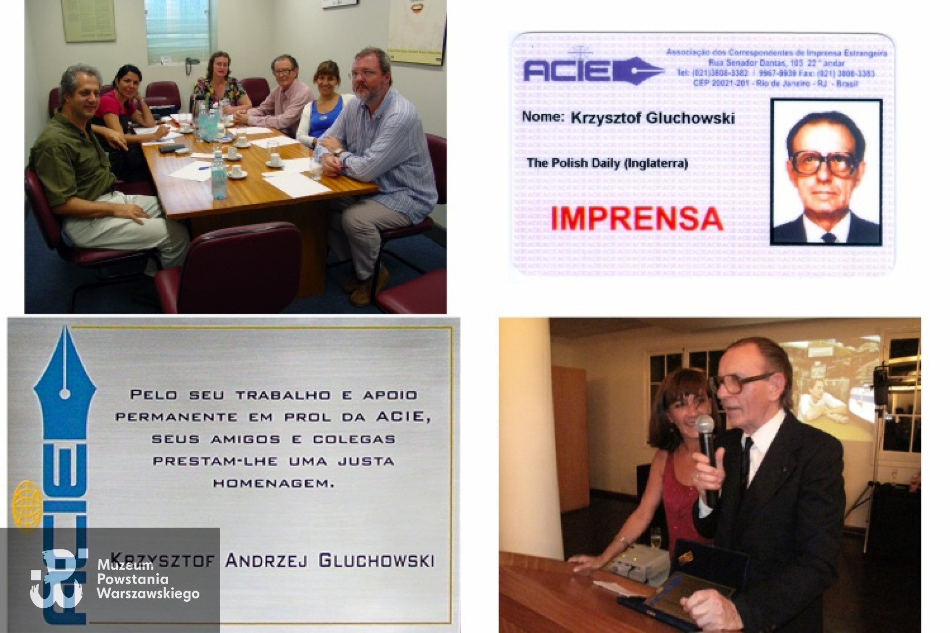 Praca Krzysztofa Głuchowskiego w zarządzie Stowarzyszenia Korespondentów Prasy Zagranicznej (ACIE), zdjęcie z 27 września 2004 r. i wręczenie wyróżnienia 10 grudnia 2008 r. Z archiwum rodzinnego Krzysztofa Głuchowskiego.