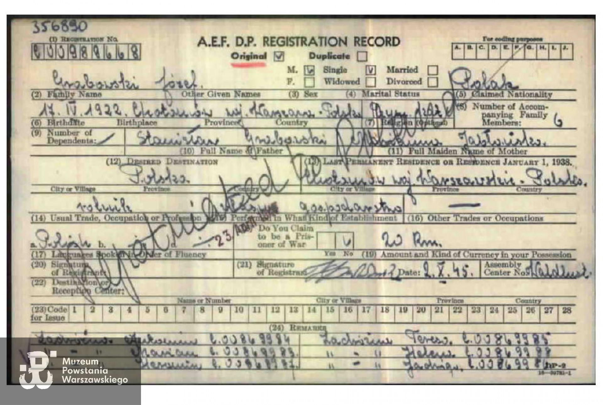 Główna karta rejestracyjna osoby deportowanej,  Archiwum Arolsen