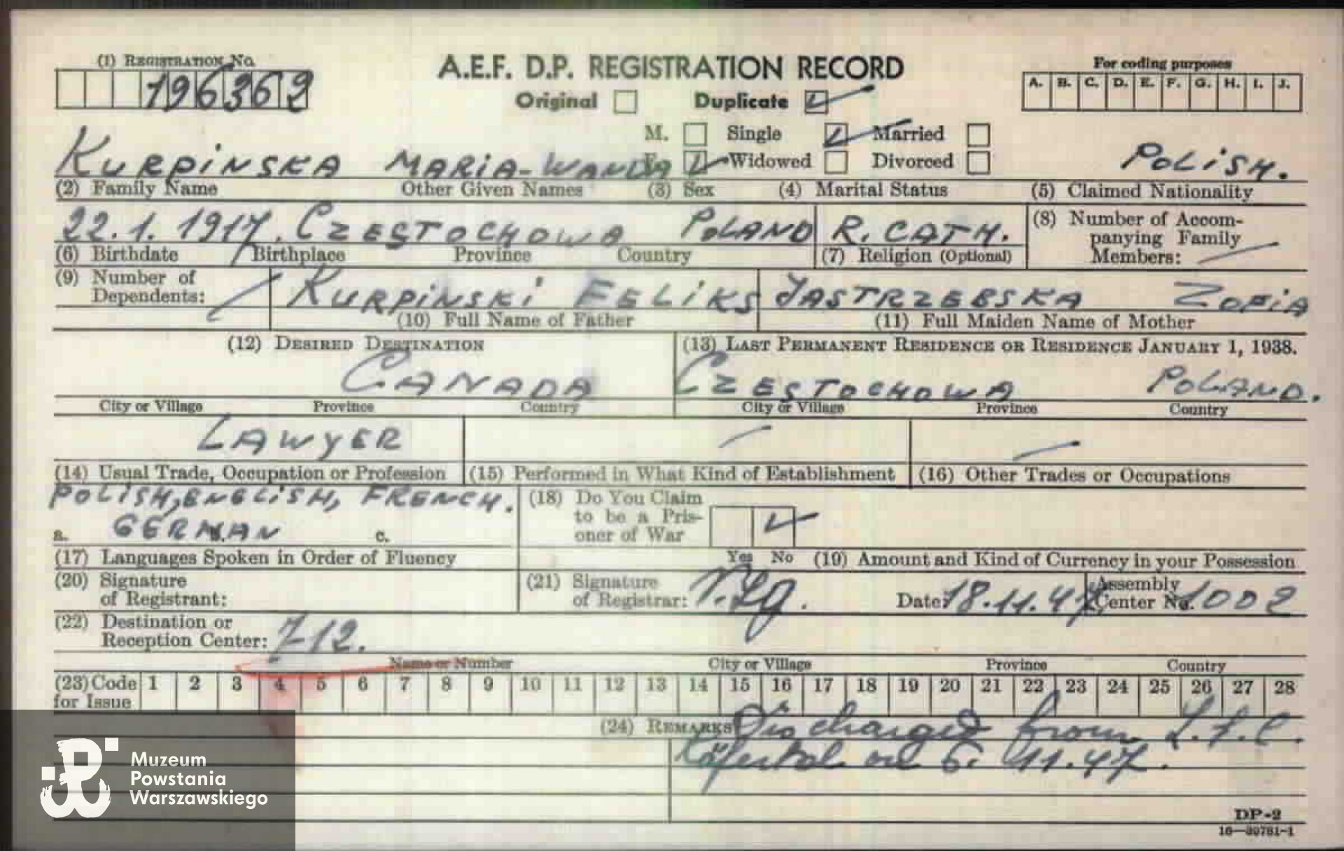 Arolsen Archives -  dokumentacja rejestracyjna  Allied Expeditionary Force Displaced Persons (kartoteka osób przebywających na terenie Niemiec, tzw. dipisów) 