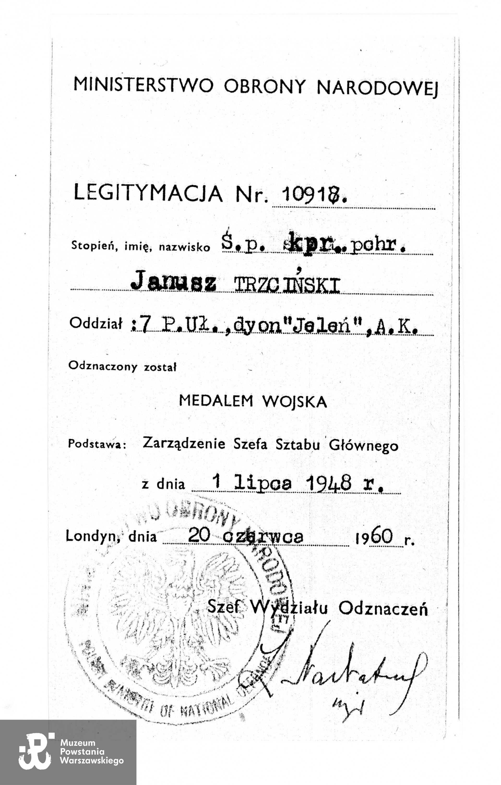 Muzeum Powstania Warszawskiego, Teczki personalne uczestników PW: Trzciński Janusz „Kresa", zbiory Pokoju Kombatanta MPW