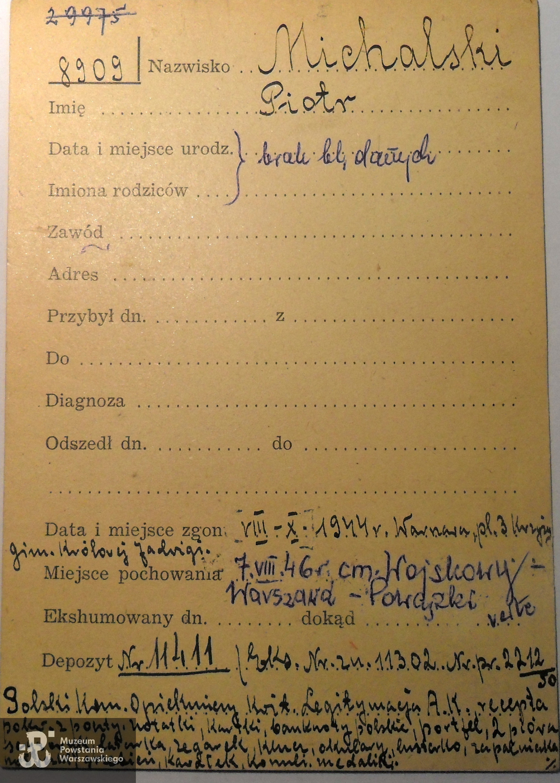 PCK - kartoteka,  tu w zapisie jako Michalski Piotr