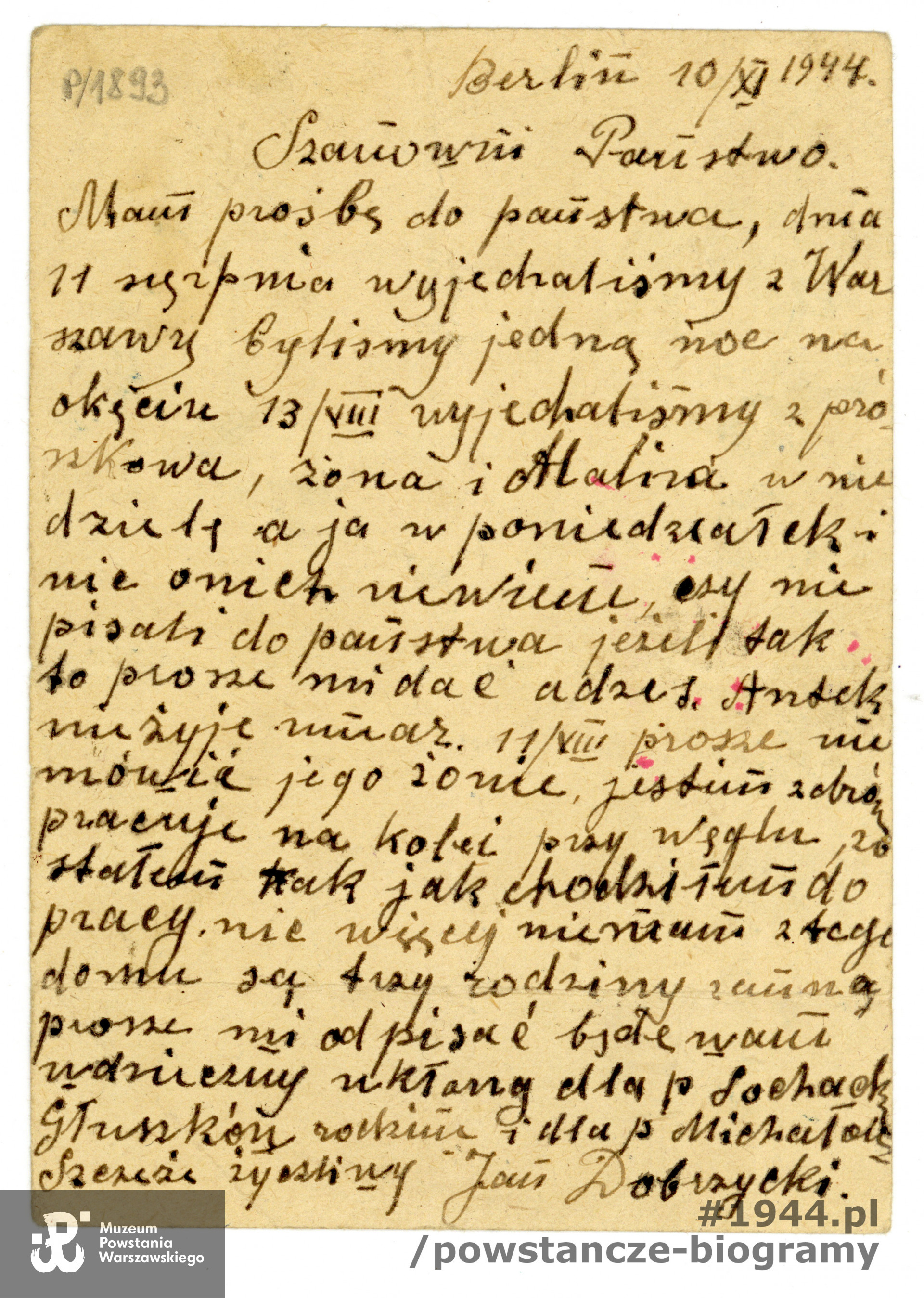 List do rodziny zawiadamiający o śmierci Antoniego Głuszka w dniu 11 VIII 1944 r. Ze zbiorów Muzeum Powstania Warszawskiego, P/1893