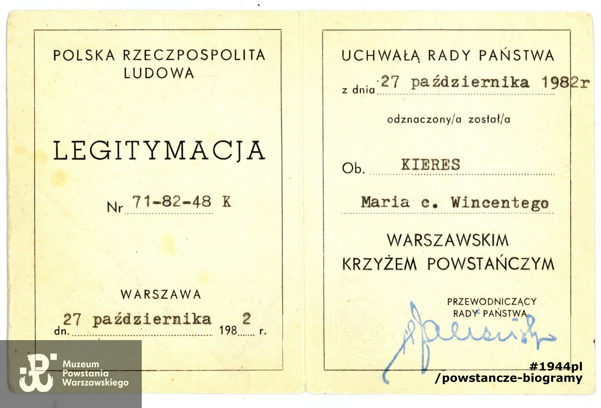 Warszawski Krzyż Powstańczy. Legitymacja odznaczeniowa ze zbiorów rodzinnych p. Joanny Kozłowskiej, córki
