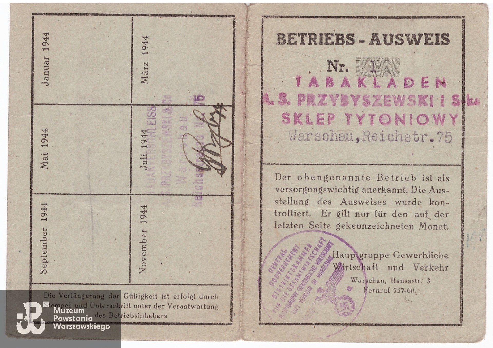 Legitymacja służbowa (Betriebs-Ausweis) wystawiona na nazwisko Wojciech Jerzy Knittel. Ze zbiorów Muzeum Powstania Warszawskiego, sygn. P/9460/21, dar syna, prof. dr hab. Krzysztofa Knittla