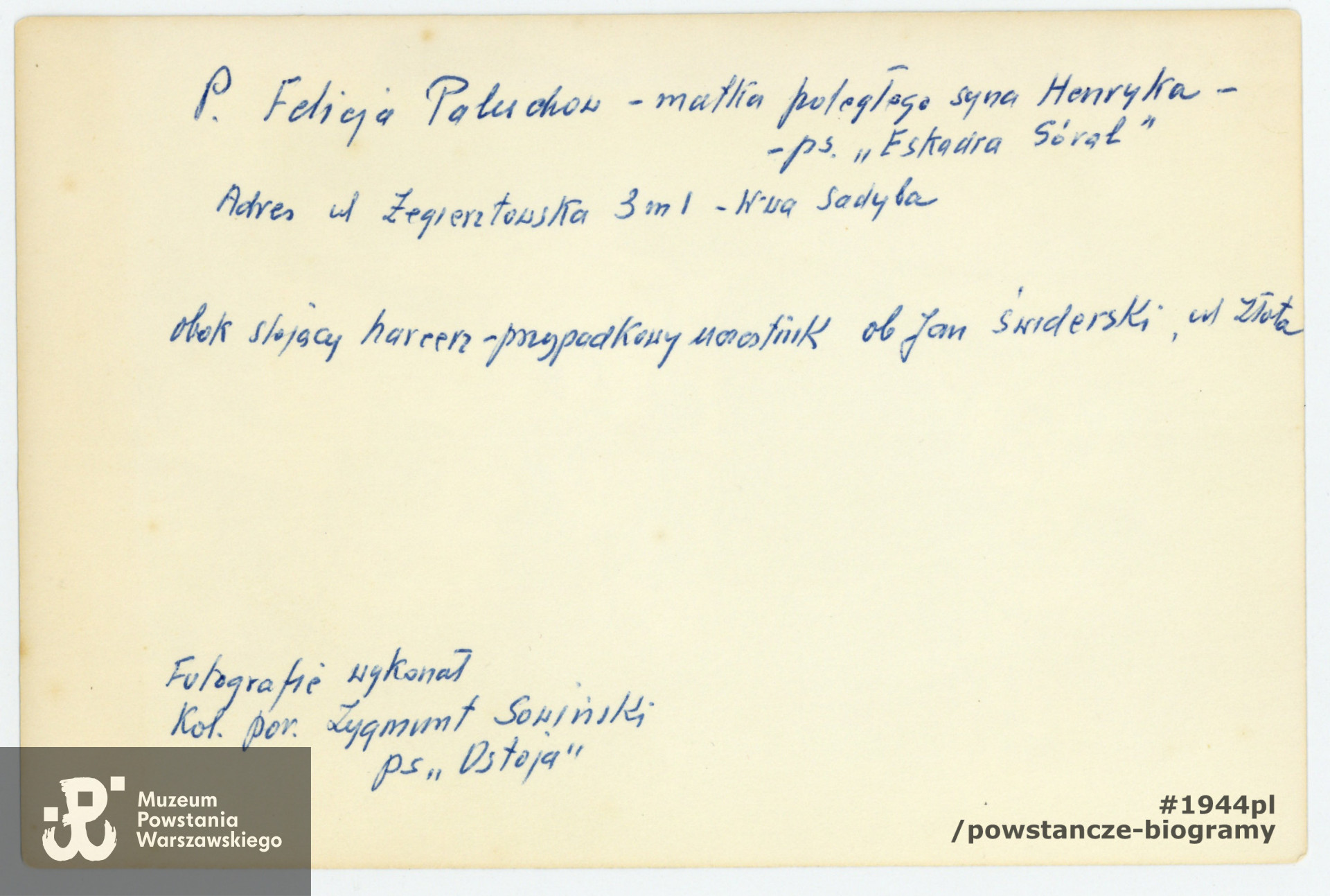 Opis na rewersie. Fot.  ze zbiorów prywatnych p. Andrzeja Michała Zielińskiego ps. Jędrek, do wykonania kopii udostępniła p. Anna Witkowska