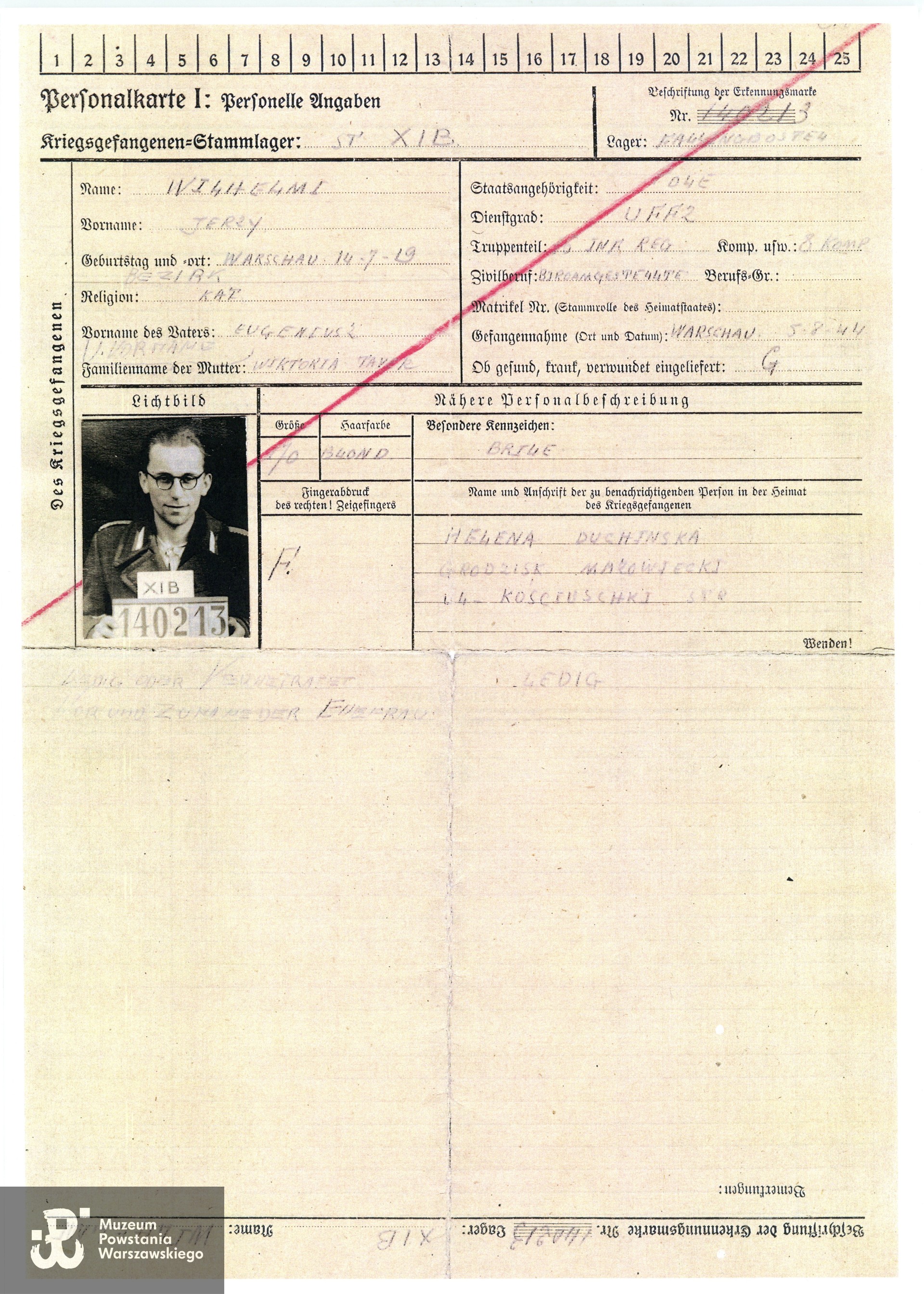 Personalkarte - karta personalna jeńca wojennego Jerzego Wilhelmiego, październik 1944 r.  Skan z kserokopii,  Muzeum Powstania Warszawskiego, Teczki personalne uczestników Powstania Warszawskiego: Wilhelmi Jerzy. 