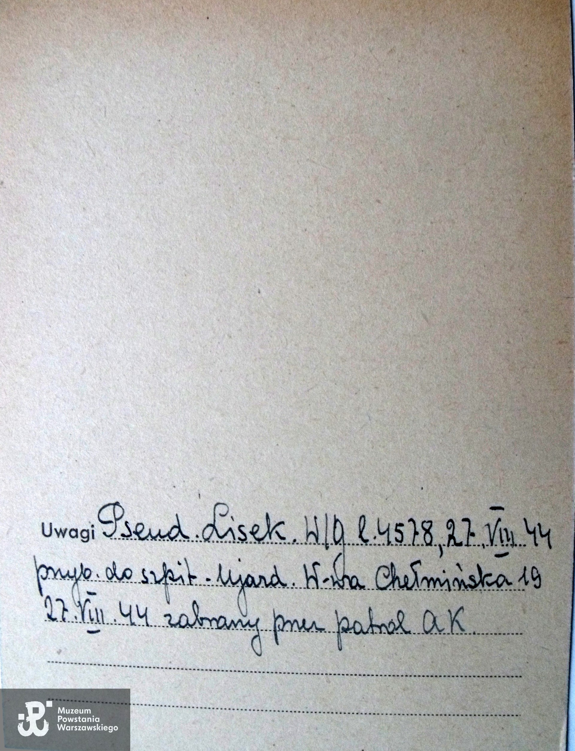 Polski Czerwony Krzyż - kartoteka. W adnotacji błędny adres szpitala - Chełmińska 19 zamiast Chełmska 19.