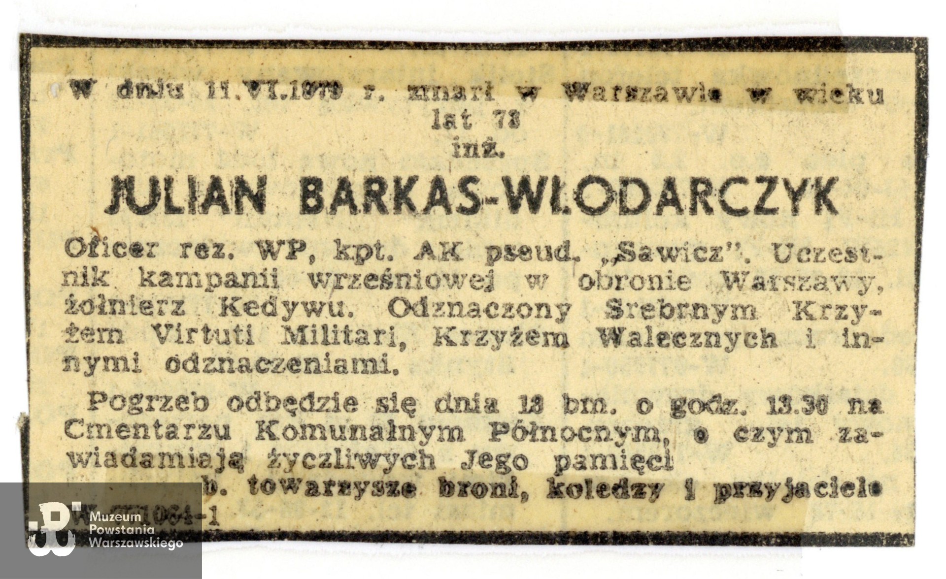 Nekrolog prasowy, 1979 rok, źr. Muzeum Powstania Warszawskiego, Teczki personalne uczestników Powstania Warszawskiego: Barkas (Barkas-Włodarczyk) Julian ps. Sawicz