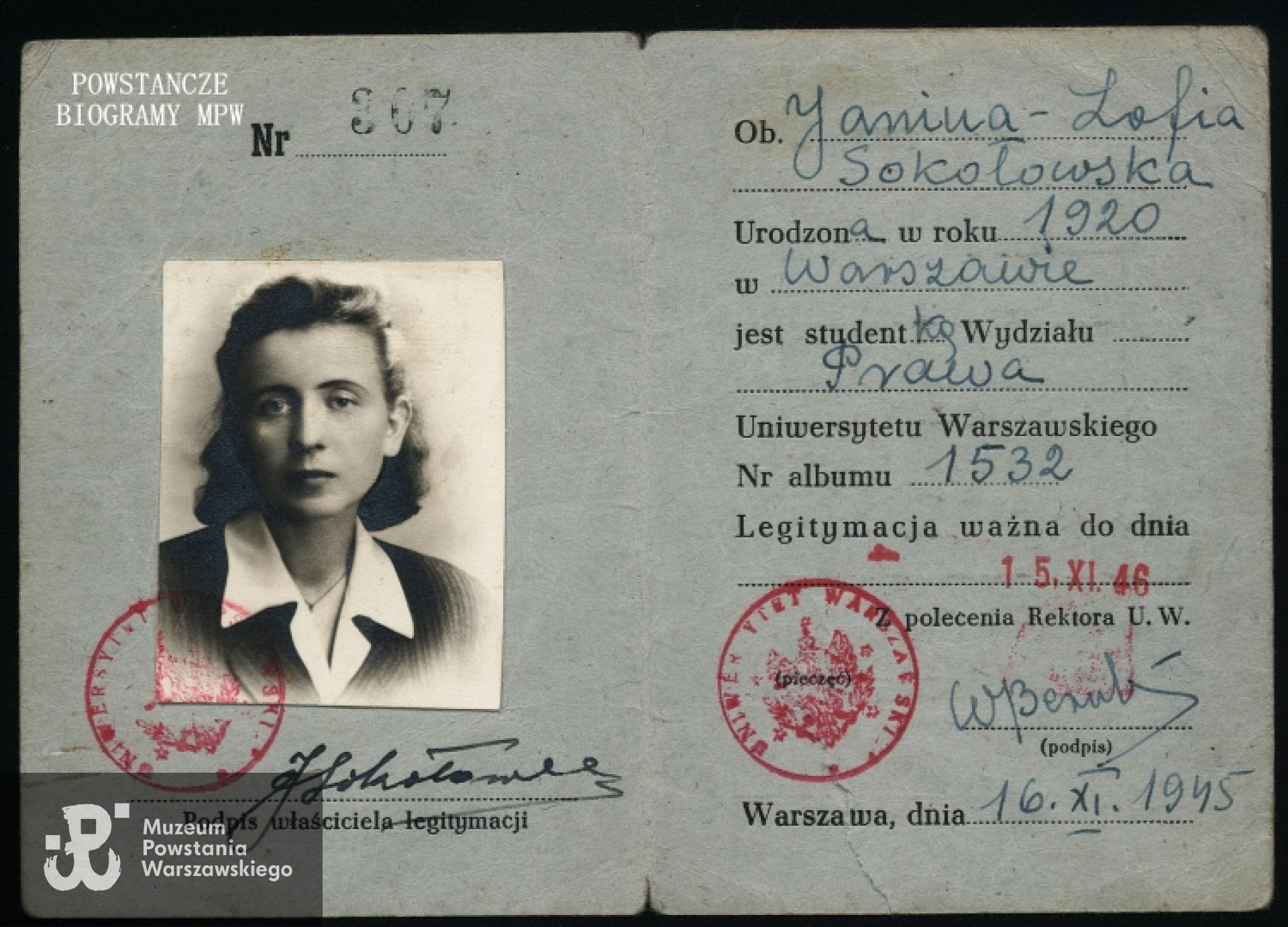 Legitymacja Janiny Sokołowskiej jako studentki Wydziału Prawa Uniwersytetu Warszawskiego.  Fot. archiwum rodzinne.