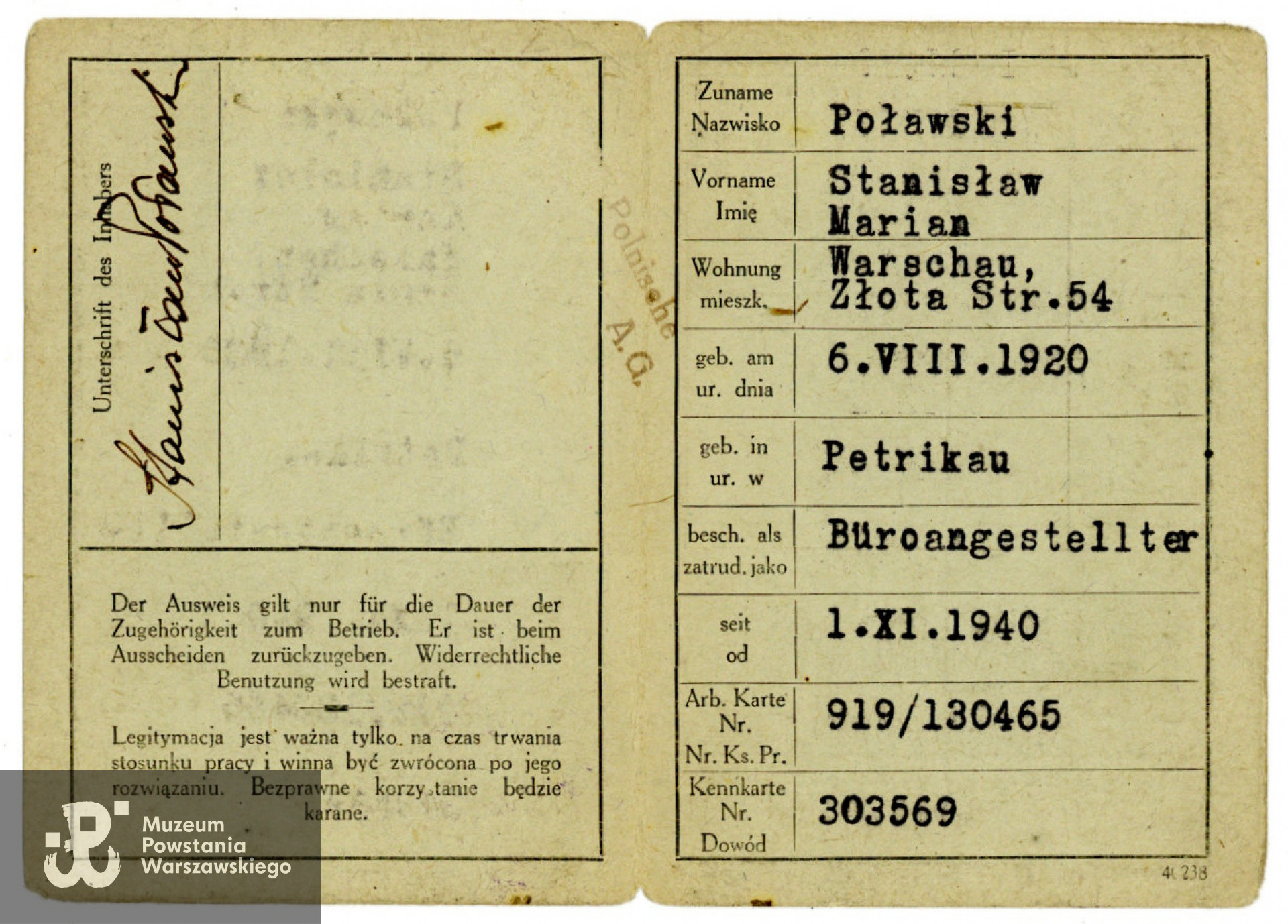  Betriebs-Ausweis (Legitymacja pracownicza) Stanisława Mariana Poławskiego. Dokument z archiwum rodzinnego p. Pawła Poławskiego, syna Powstańca. Skan wykonano w Muzeum Powstania Warszawskiego w grudniu 2023. 