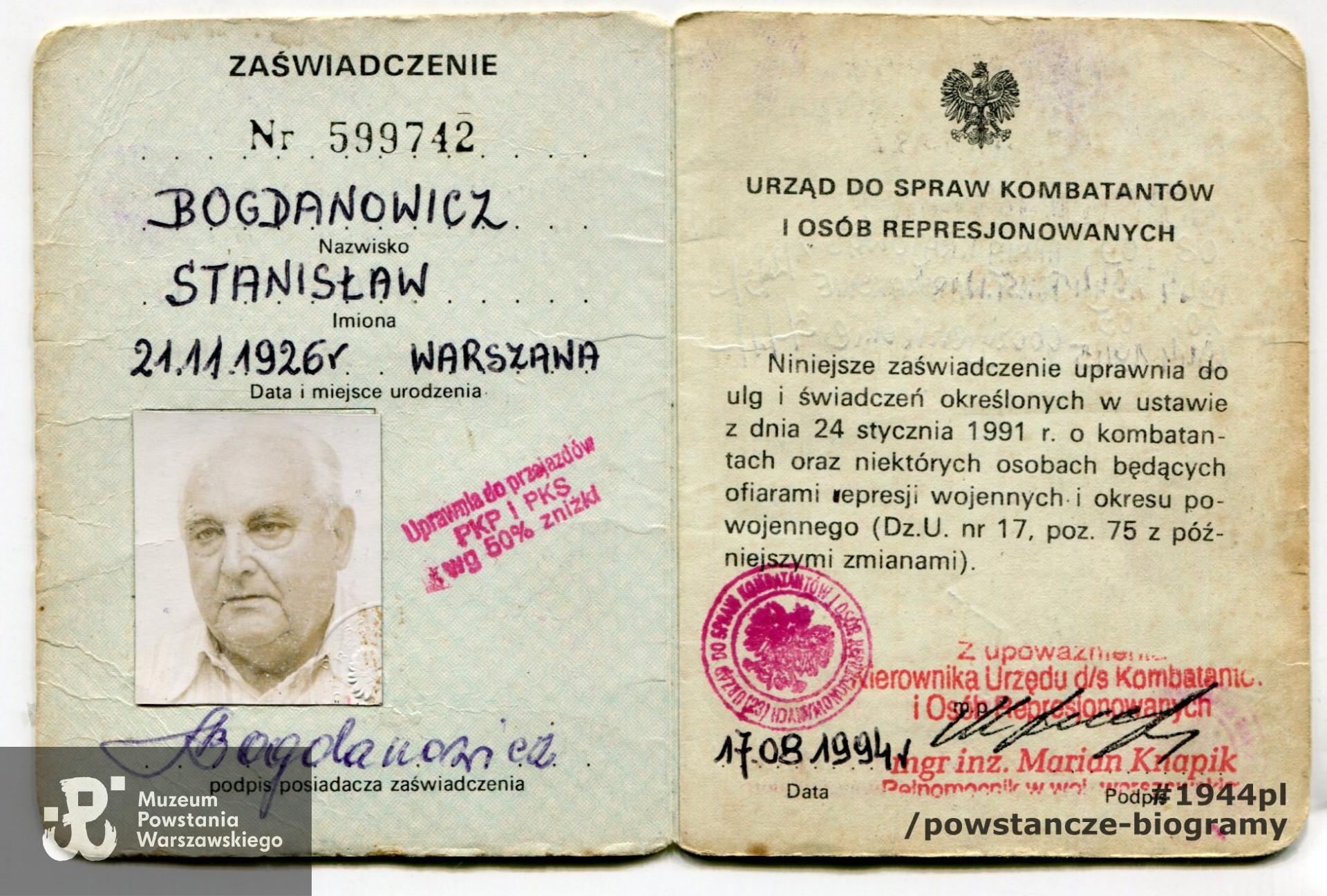 Zaświadczenie (legitymacja) UdsKiOR. Ze zbiorów rodzinnych p. Stanisława Bogdanowicza ps. "Bogdan"