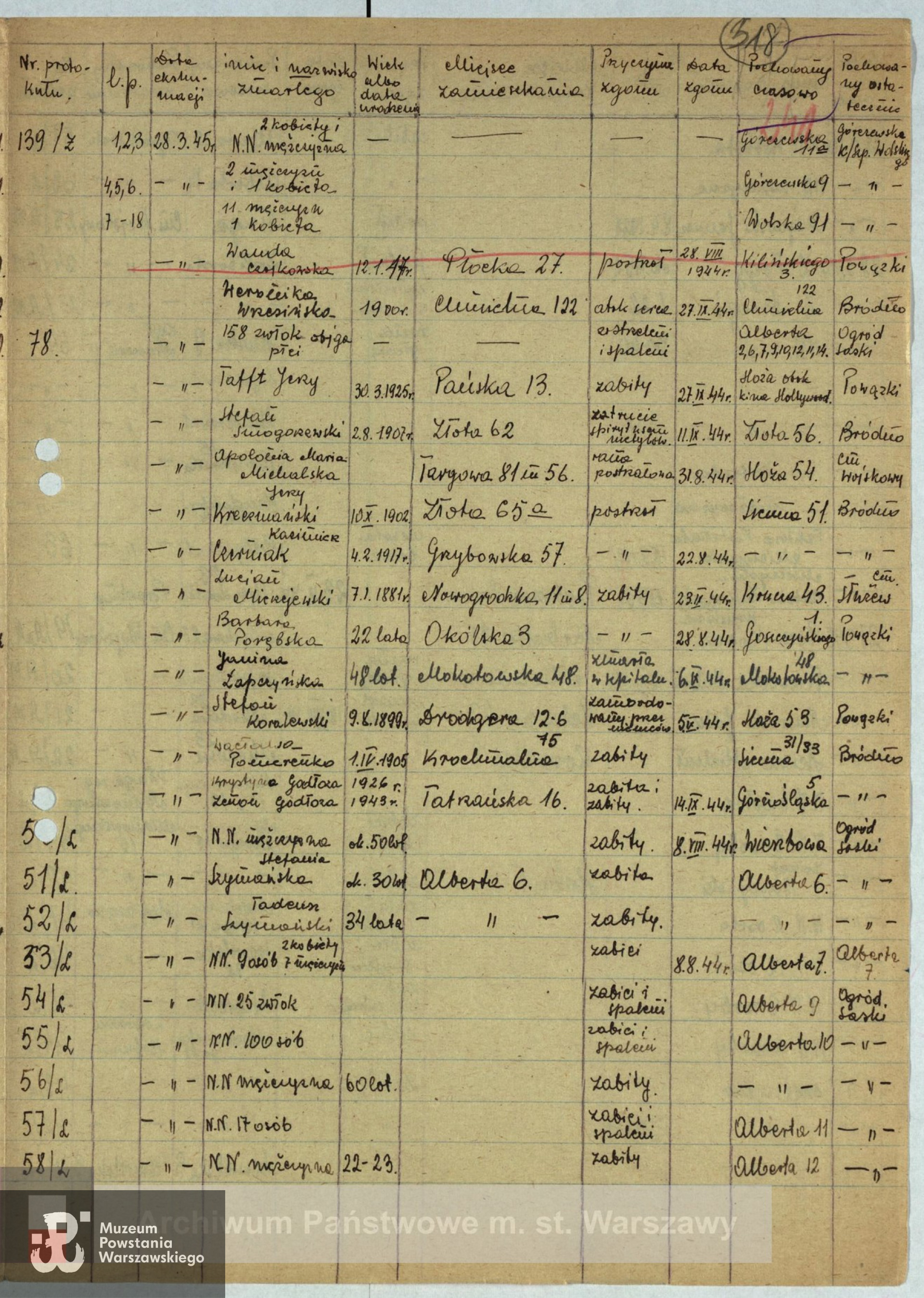 Archiwum Państwowe m. st. Warszawy - listy ekshumowanych
