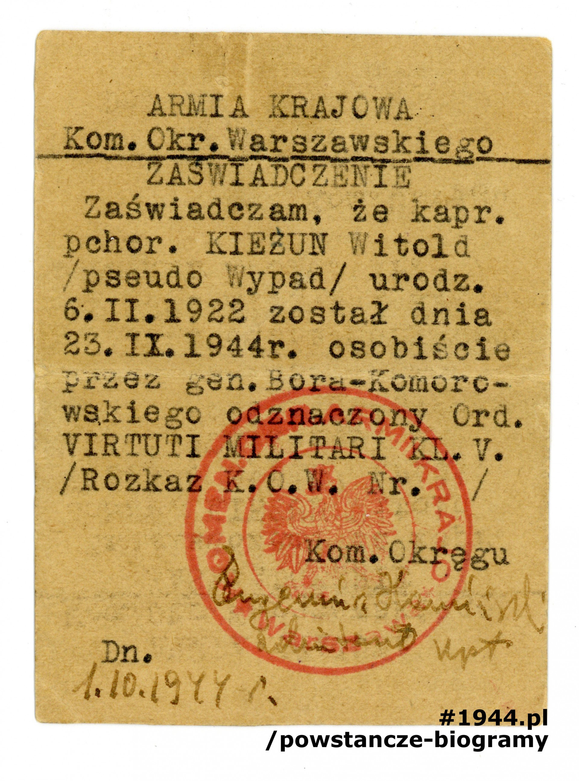 Dokument ze zbiorów Archiwum Muzeum Powstania Warszawskiego