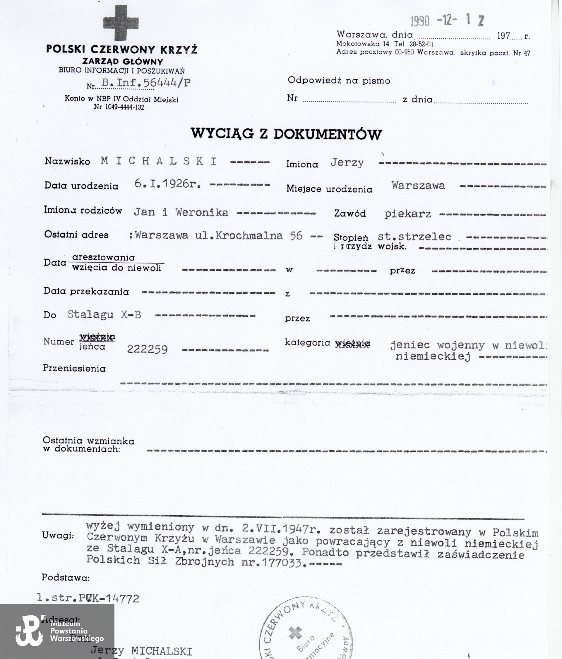 Polski Czerwony Krzyż - wyciąg z dokumentów. Skan: materiały do Słownika Biograficznego Uczestników PW - Pokój Kombatanta