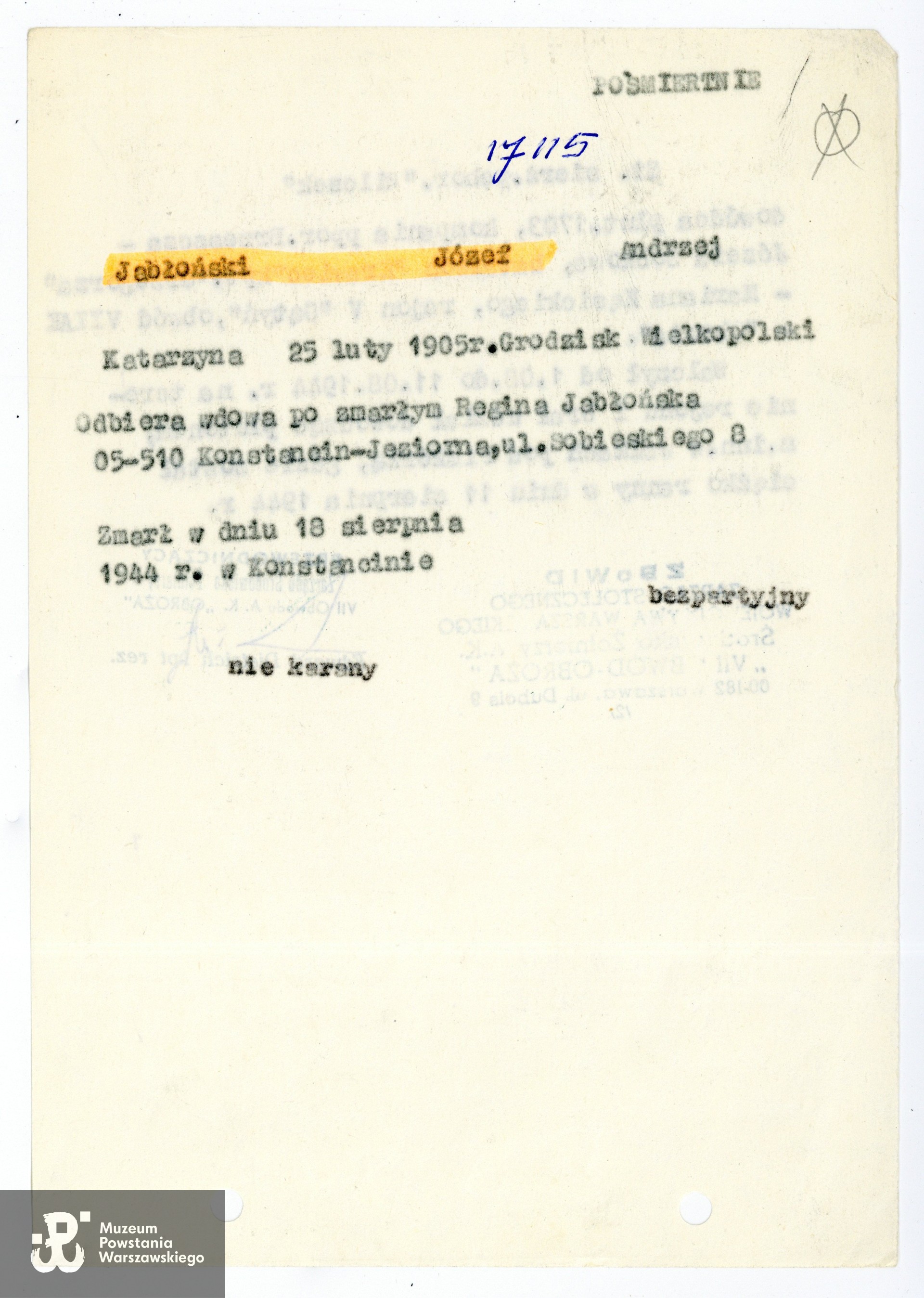 Muzeum Powstania Warszawskiego,  Teczki personalne uczestników Powstania Warszawskiego: kopia wniosku o odznaczenie pośmiertne Warszawskim Krzyżem Powstańczym