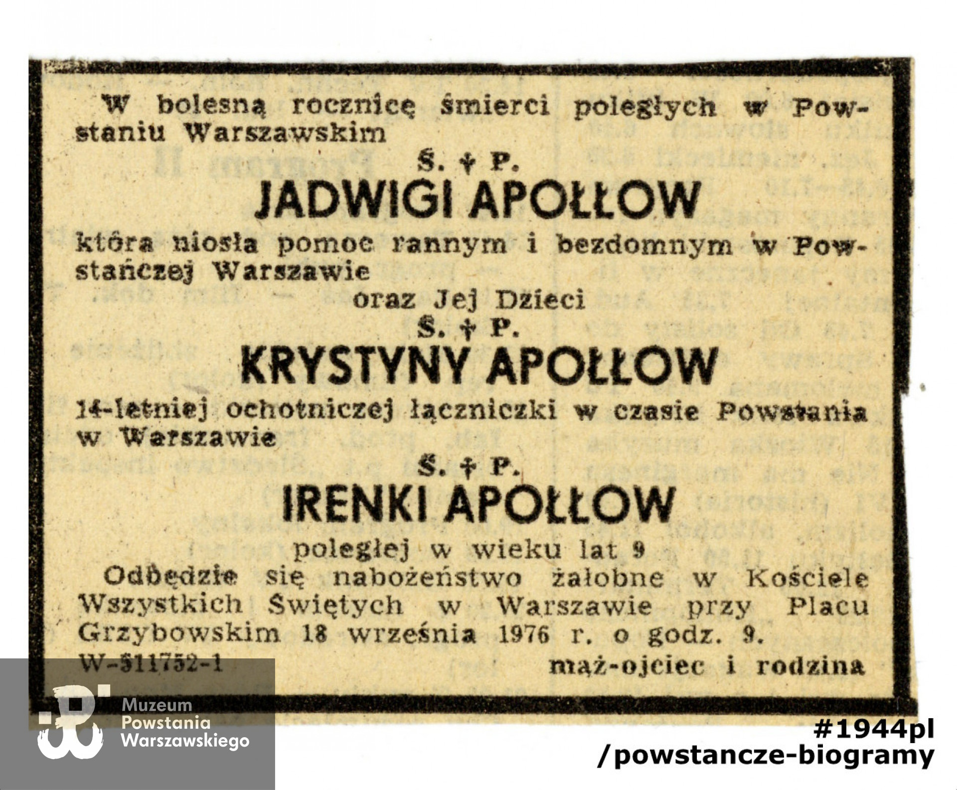 Powojenny nekrolog w prasie warszawskiej autorstwa Konstantego Apołłowa, ojca Krystyny. Ze zbiorów rodzinnych p. Krystyny Krawieckiej