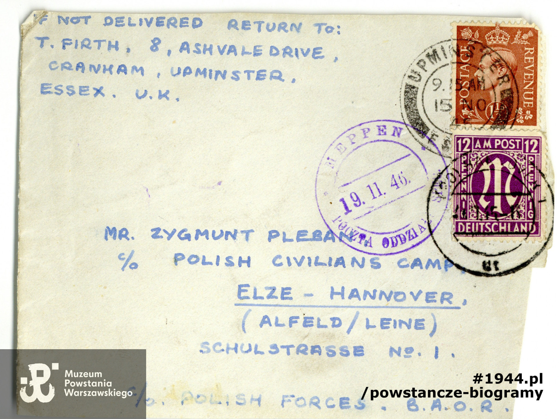 Fragment koperty od listu skierowanego do Zygmunta Plebana (datownik: 19.11.1946). Ze zbiorów Muzeum Powstania Warszawskiego, sygn.  P/8768/17