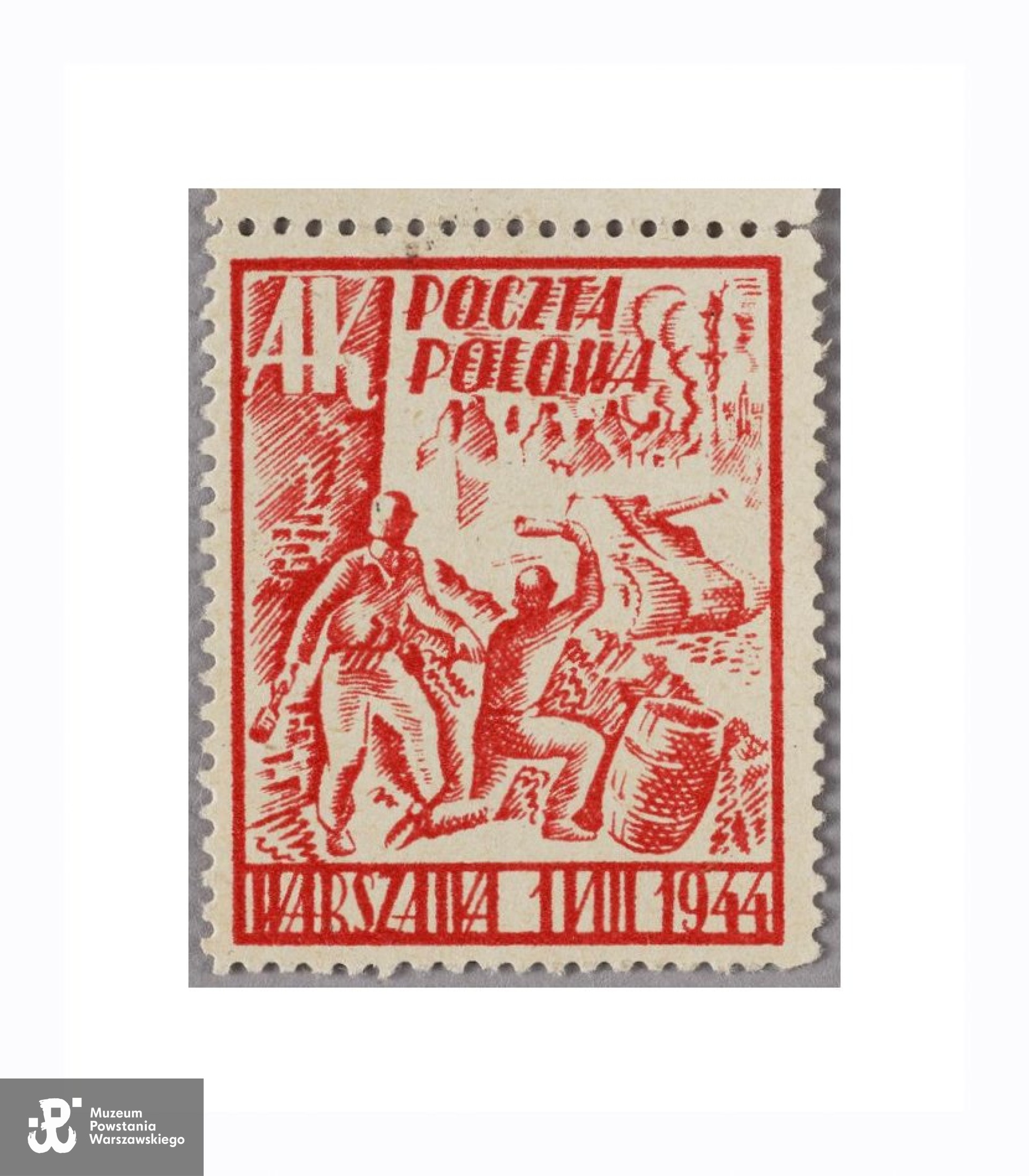 Znaczek pocztowy  przedstawiający dwóch Powstańców znajdujących się przy ścianie budynku i barykadzie zaprojektowany przez ppor. Mariana Sigmunda, 1944 rok.