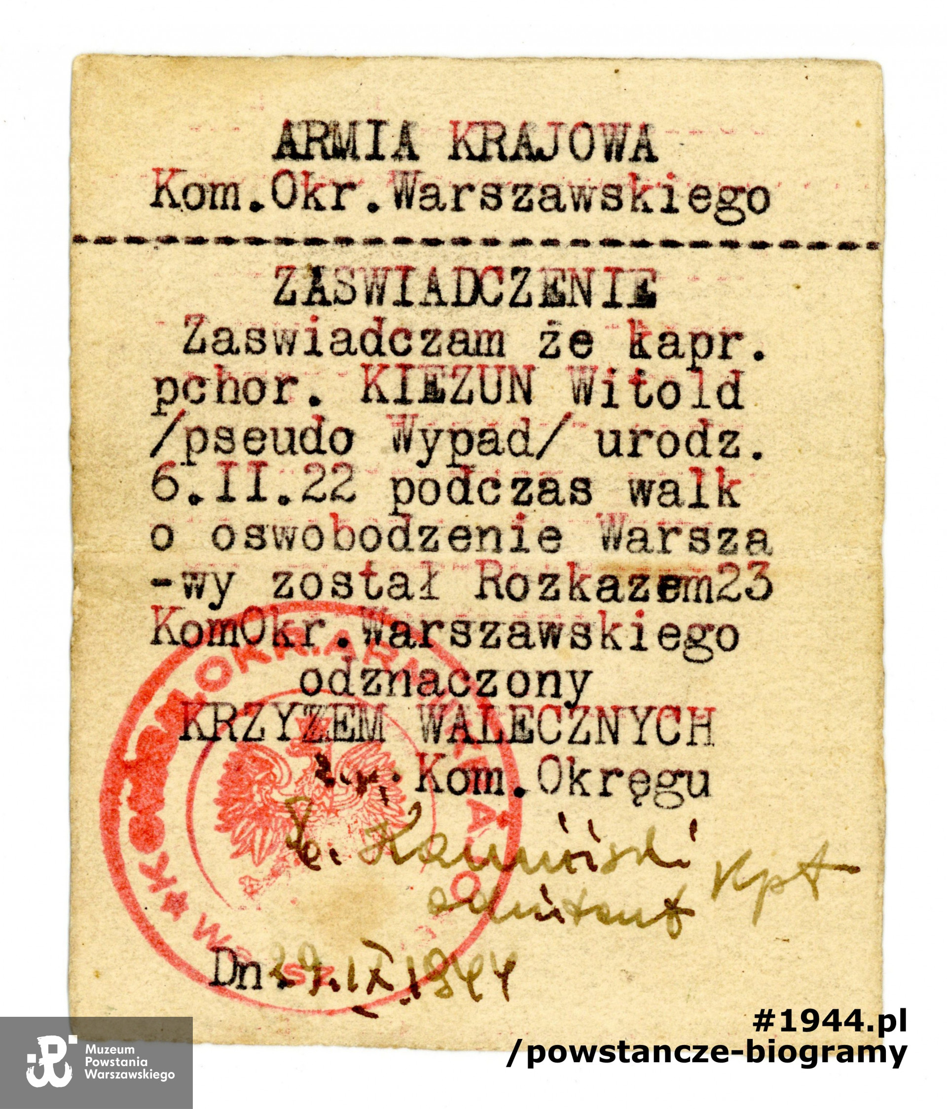 Dokument ze zbiorów Archiwum Muzeum Powstania Warszawskiego