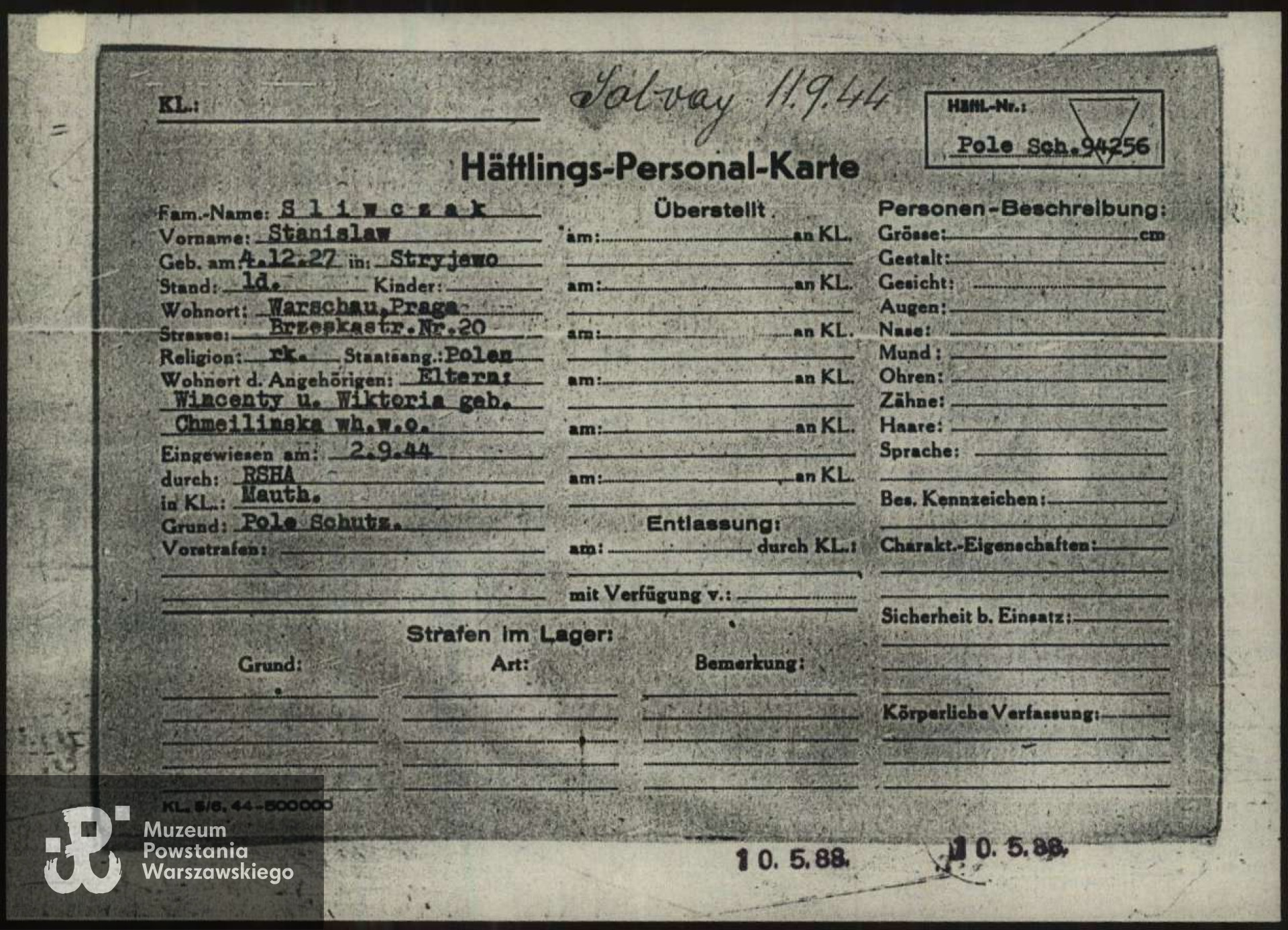 Archiwum Arolsen: Stanisław Śliwczak jako  więzień KL Mauthausen. Skan udostępnił Jan Wawszczyk