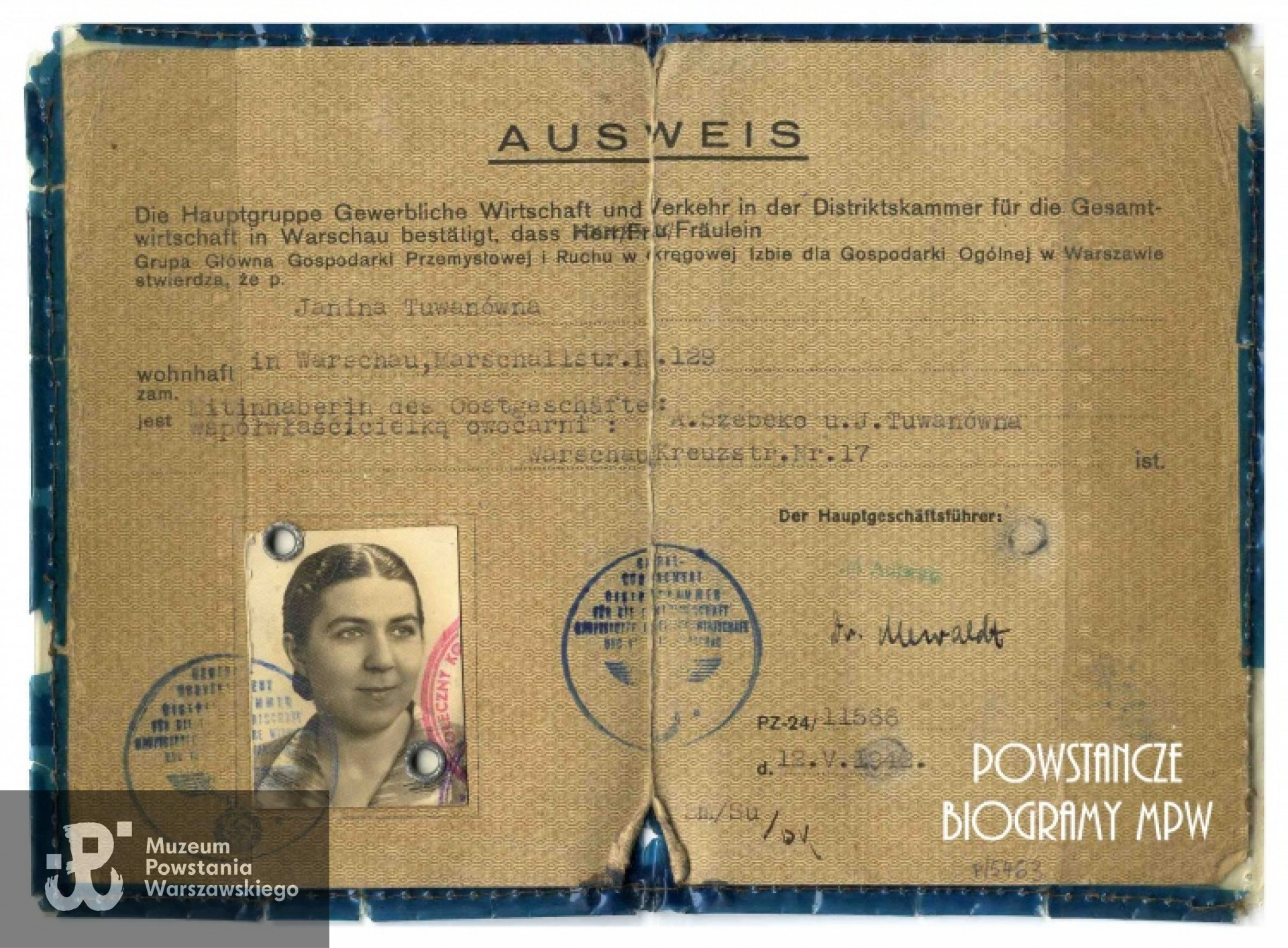 Wpis w dokumencie: <i> Janina Tuwanówna jest współwłaścicielką owocarni "A.Szeberko, J. Tuwanówna"</i>.Ze zbiorów Muzeum Powstania Warszawskiego, sygn. P/5463