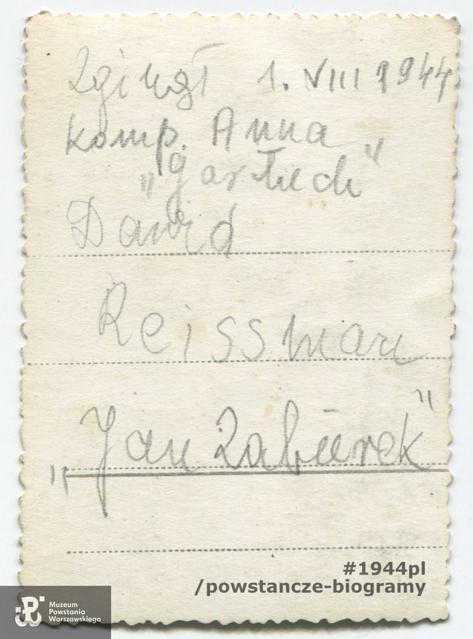 Opis na rewersie fotografii - tutaj jako Dawid Reissman "Jan Zabierek"