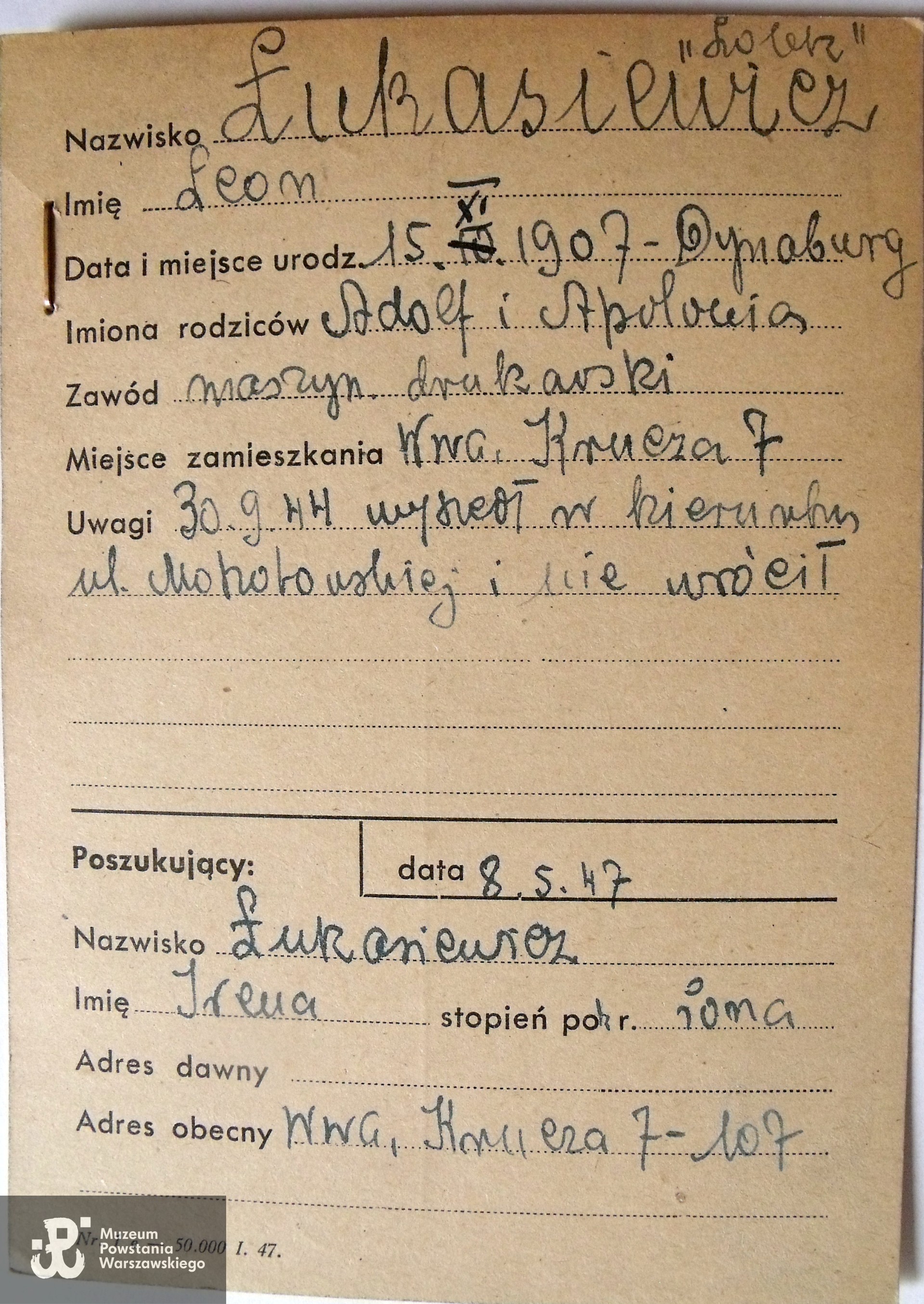 Polski Czerwony Krzyż - kartoteka ogólna poszukiwań