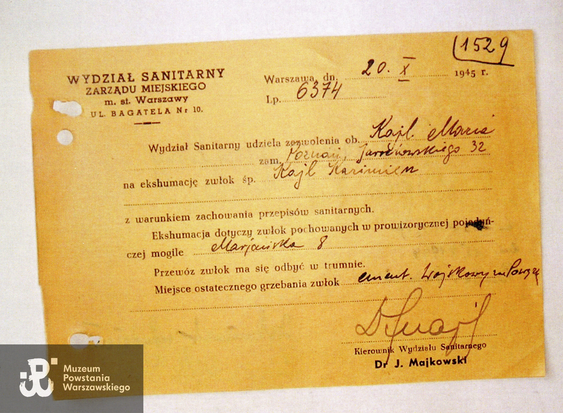 Zgoda na pochówek na Powązkach Wojskowych, źródło: Zarząd Cmentarzy Komunalnych w Warszawie - Powązki Wojskowe, Księgi pochowań, nr ewidencyjny 1945/1434-1553