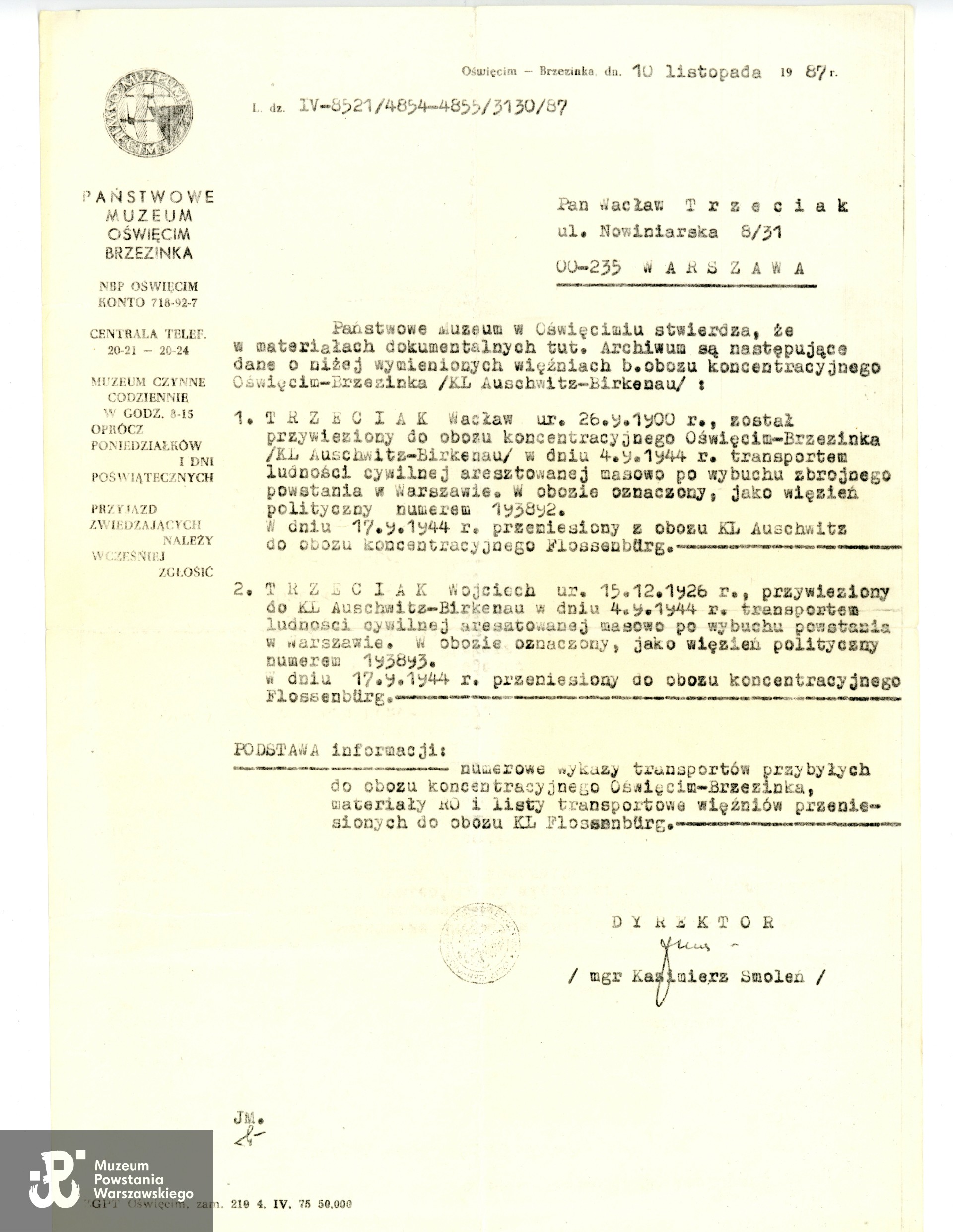 Pismo dotyczące losów  Wacława i Wojciecha Trzeciaków, zbiory rodzinne