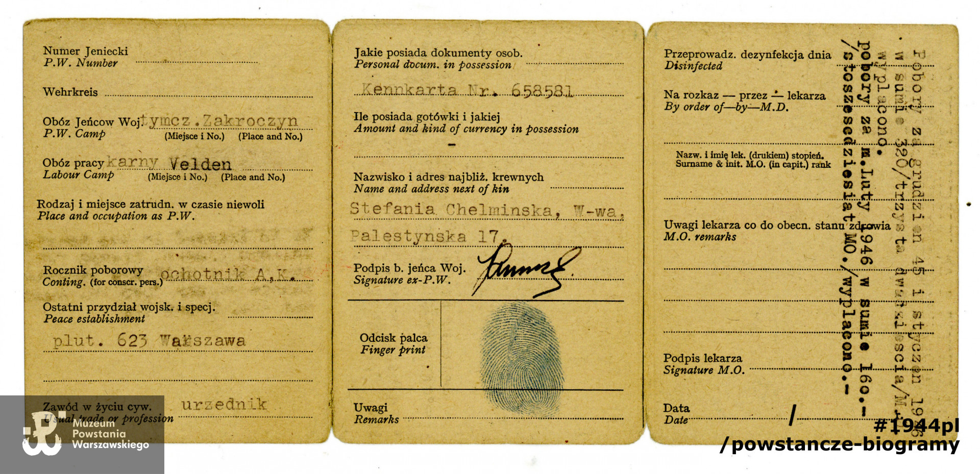 Należąca do kpr. pchor. Janusza Chełmińskiego, legitymacja byłego jeńca wojennego. Dokument ze zbiorów p. Piotra Chełmińskiego, syna Powstańca