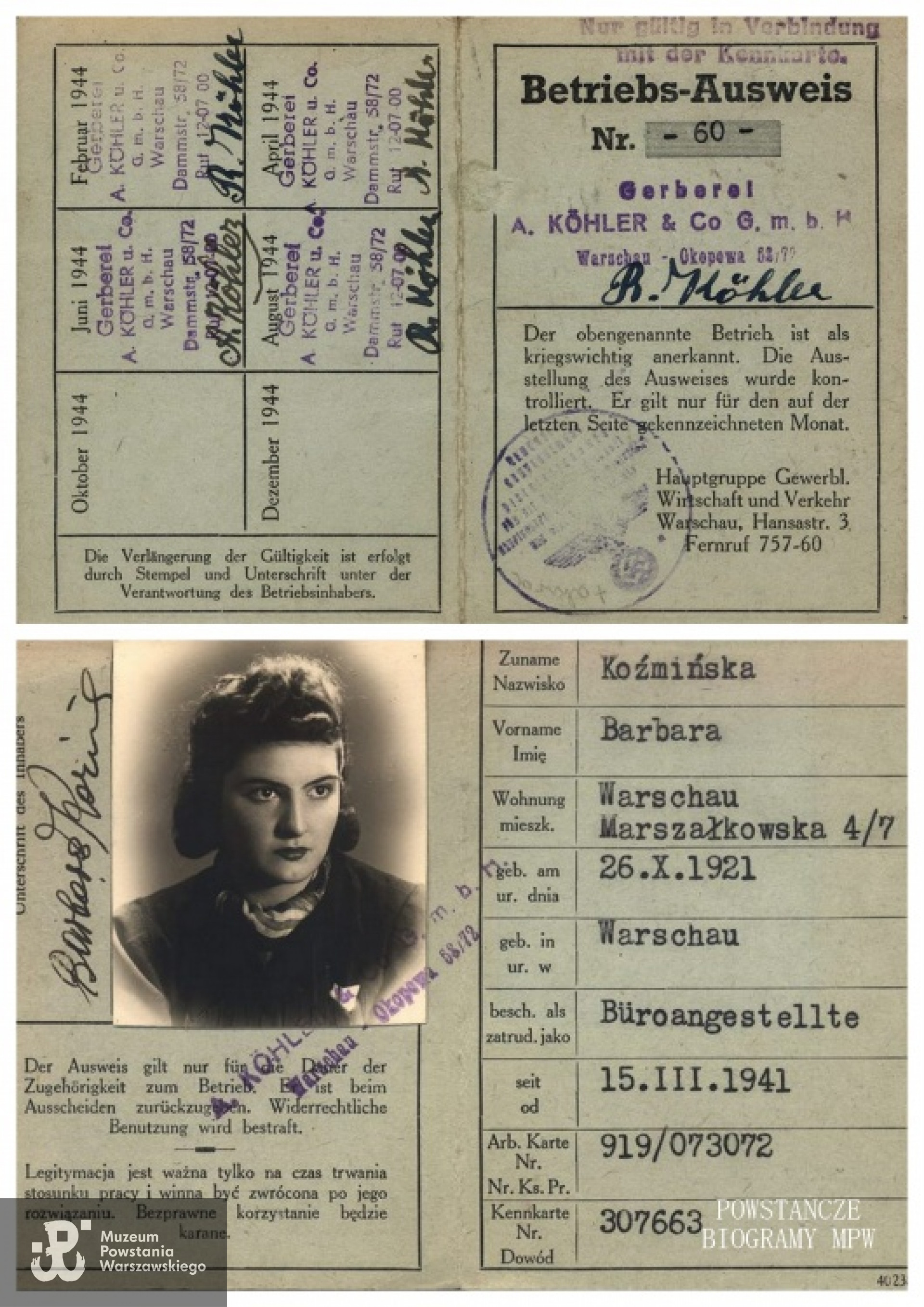 Okupacyjny Ausweis Barbary Koźmińskiej. Fot. z archiwum rodzinnego Marii Piradoff - Link / MPW