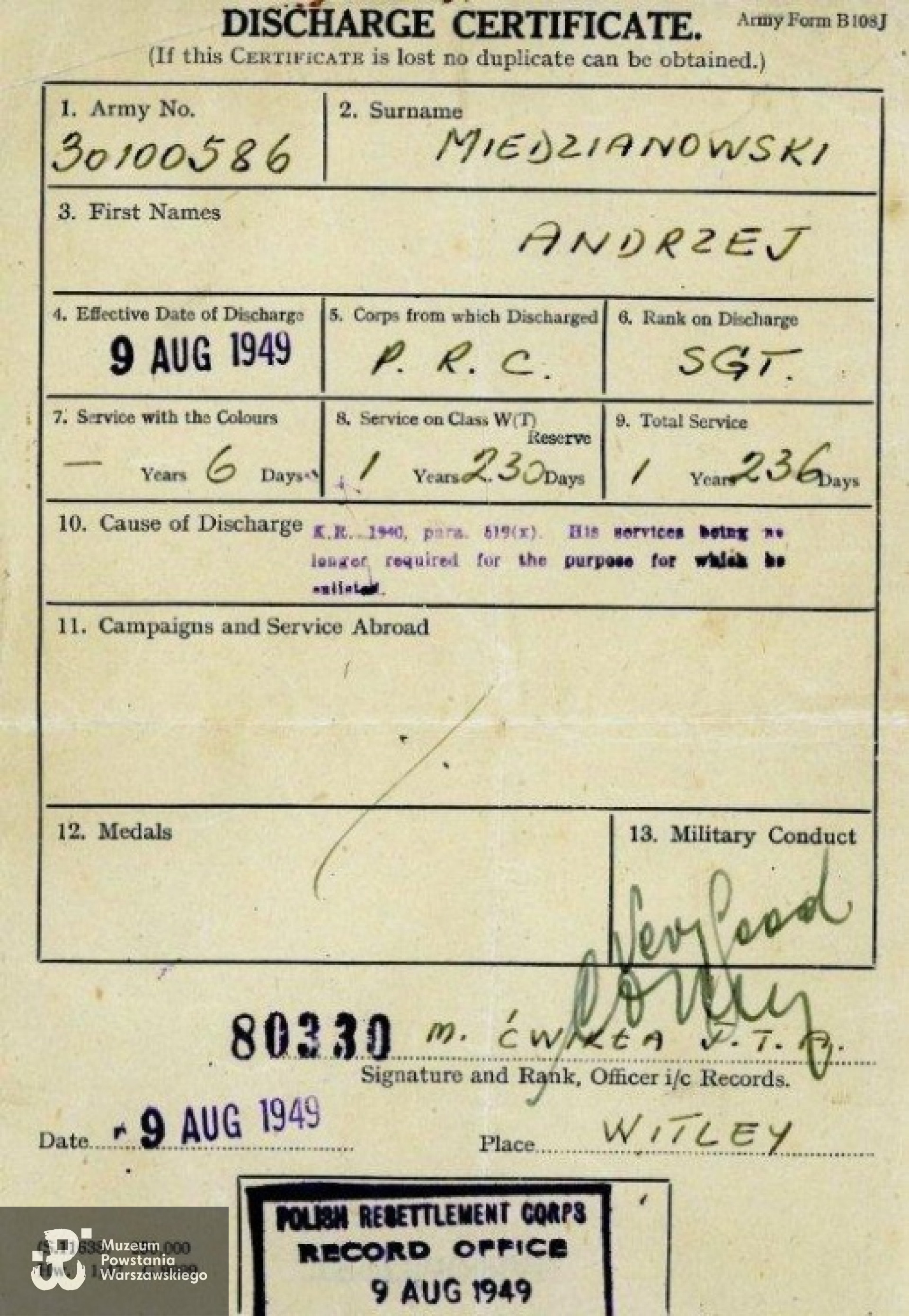 Zwolnienie ze służby wojskowej  -  Witley, Anglia  1949