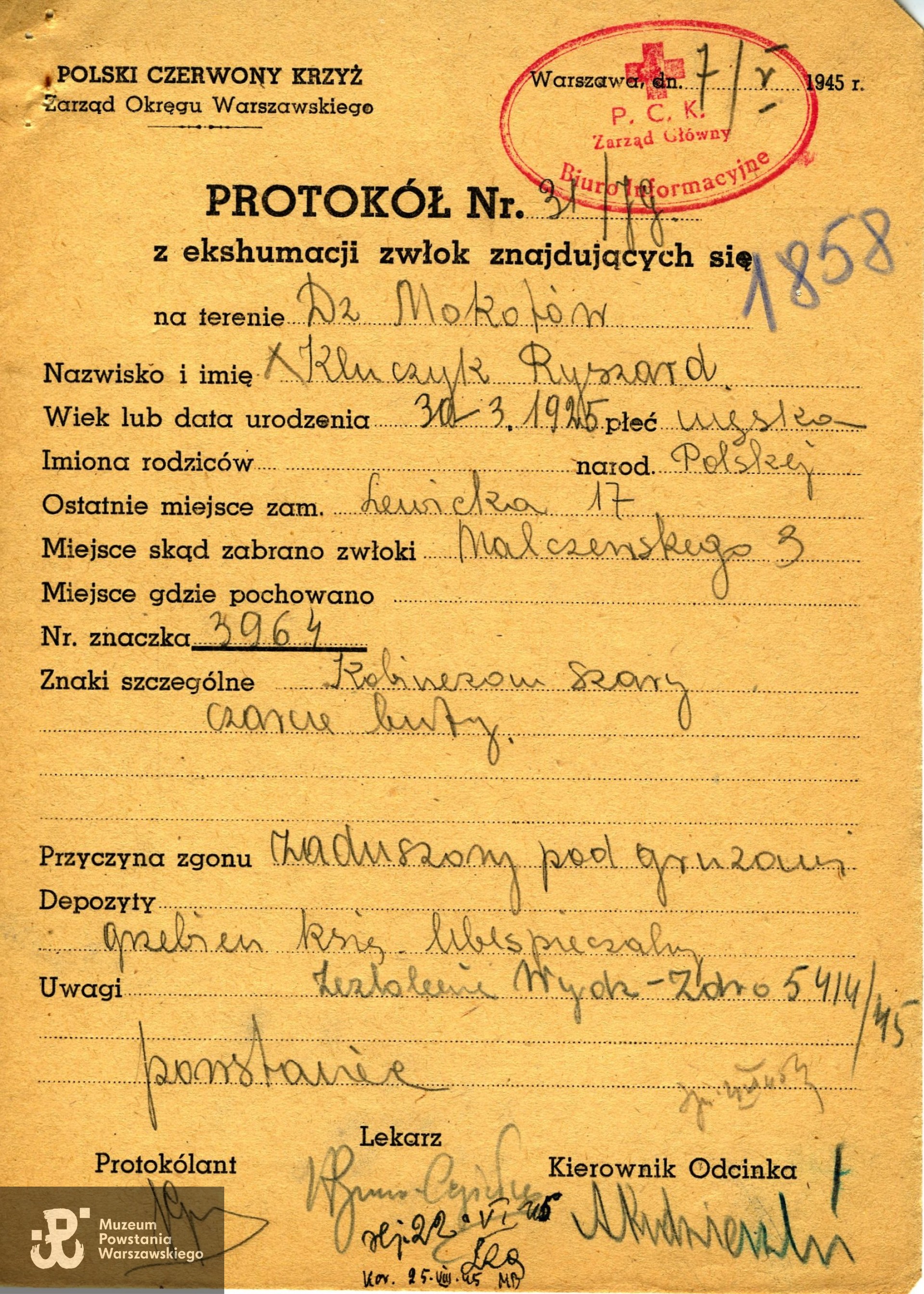 Polski Czerwony Krzyż, Lista  Strat 1858 - protokół ekshumacyjny